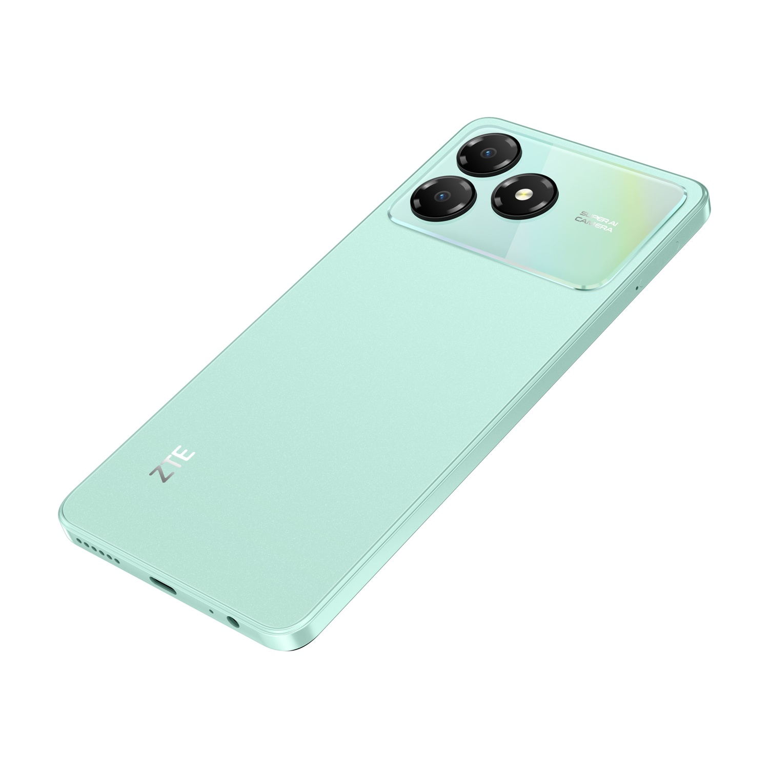 Uno smartphone verde menta con tre fotocamere e logo ZTE su sfondo bianco.