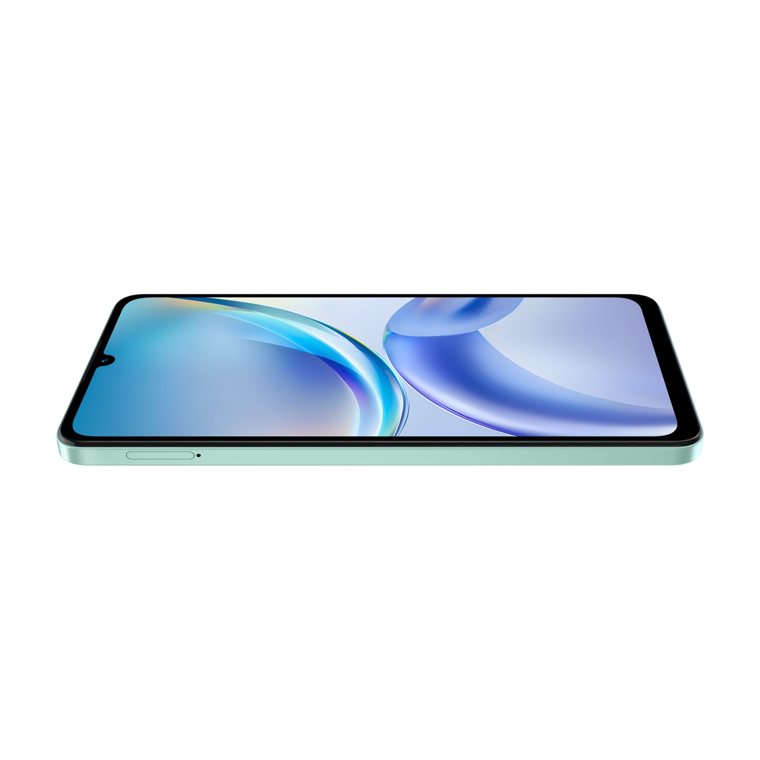 Uno smartphone verde chiaro su sfondo bianco, lo schermo mostra forme astratte blu e bianche.