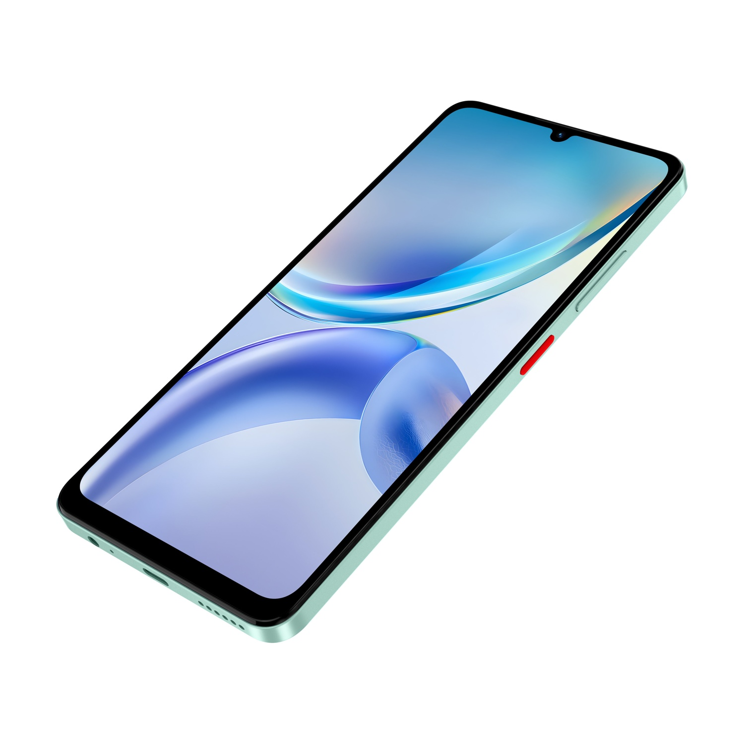 Uno smartphone verde chiaro mostra uno sfondo blu e bianco.