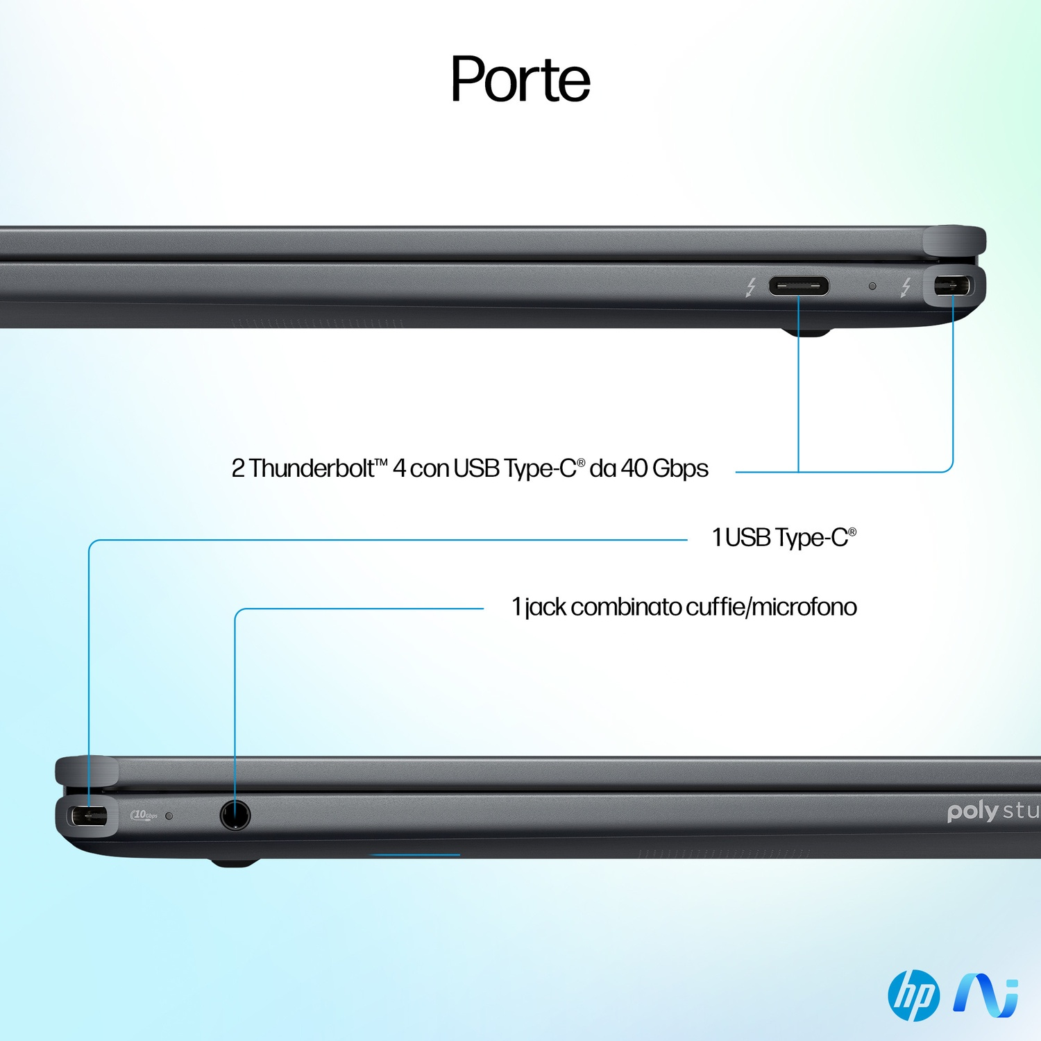 Dettaglio delle porte di un laptop: 2x USB-C (Thunderbolt 4), 1x USB-C, 1x combo cuffie/microfono.