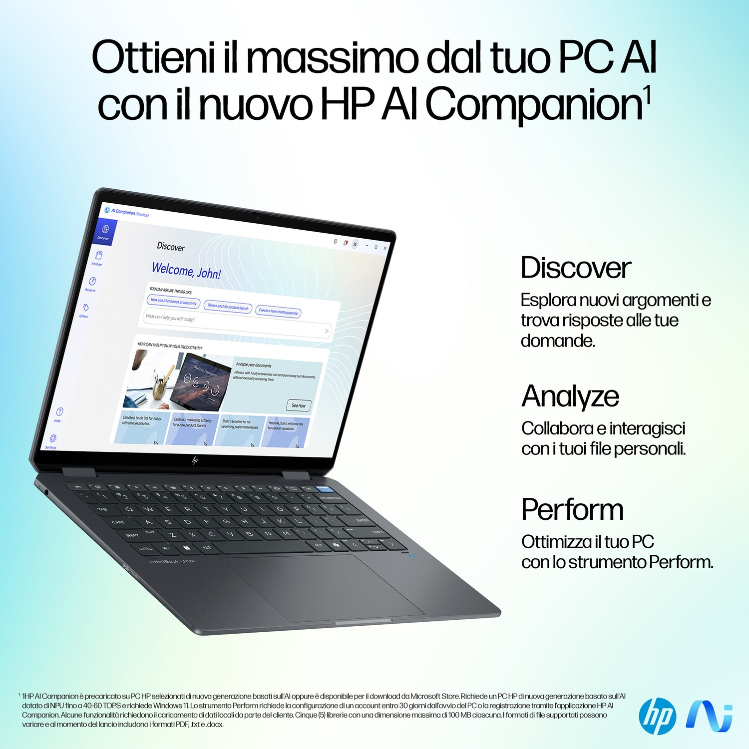 Un laptop che mostra HP AI Companion sullo schermo, con testo sulle funzionalità AI.