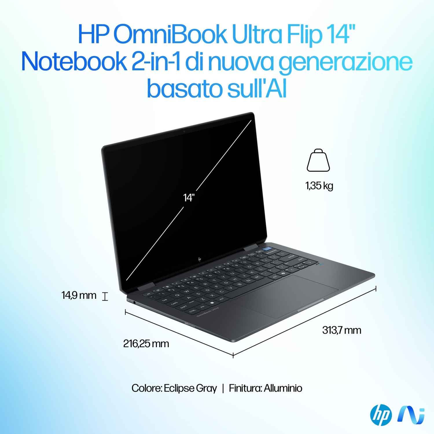 HP OmniBook Ultra Flip 14 pollici, 1,35 kg, 14,9 mm spessore, Grigio Eclipse, Alluminio.