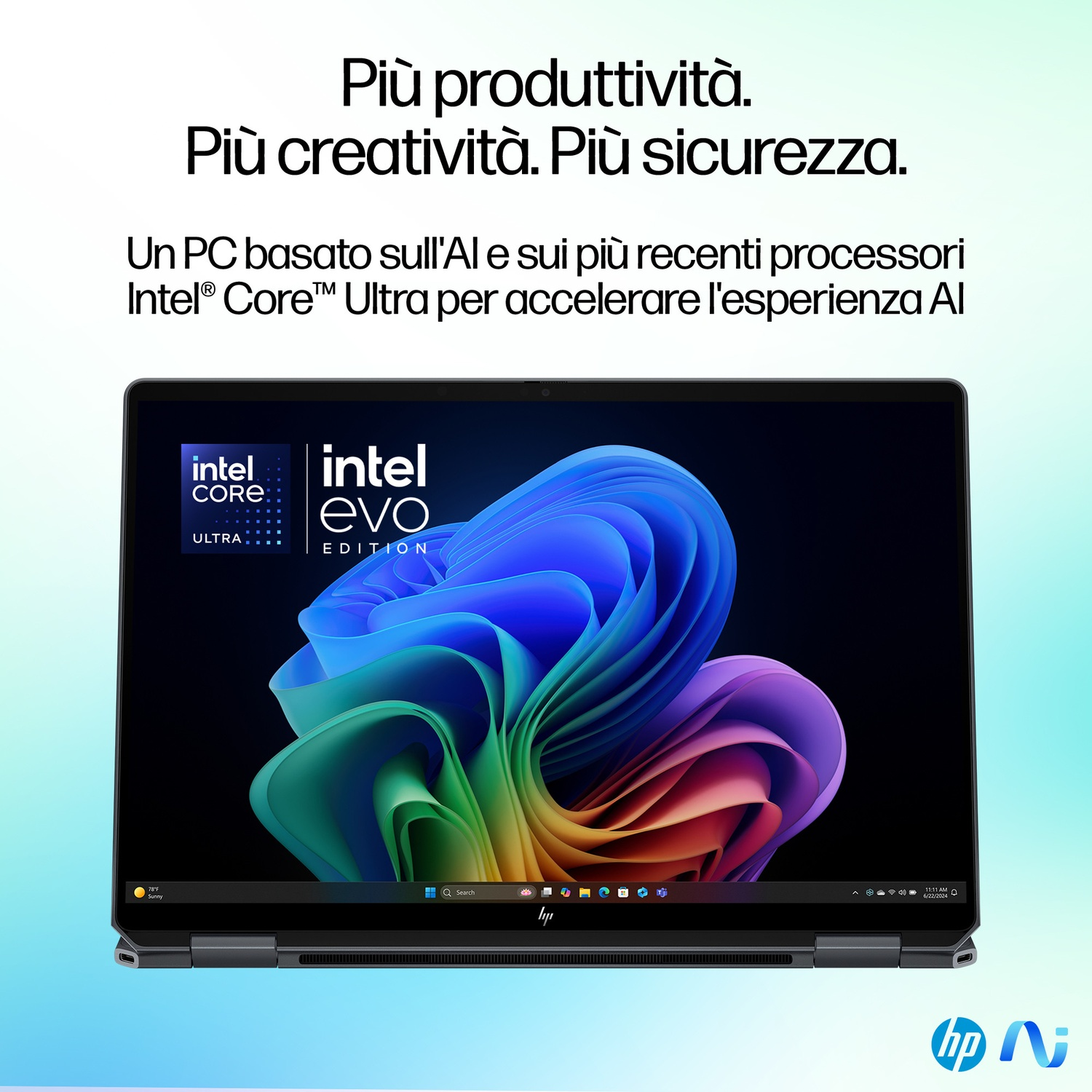 Un laptop con CPU Intel Core Ultra e focus AI. Offre produttività, creatività e sicurezza.