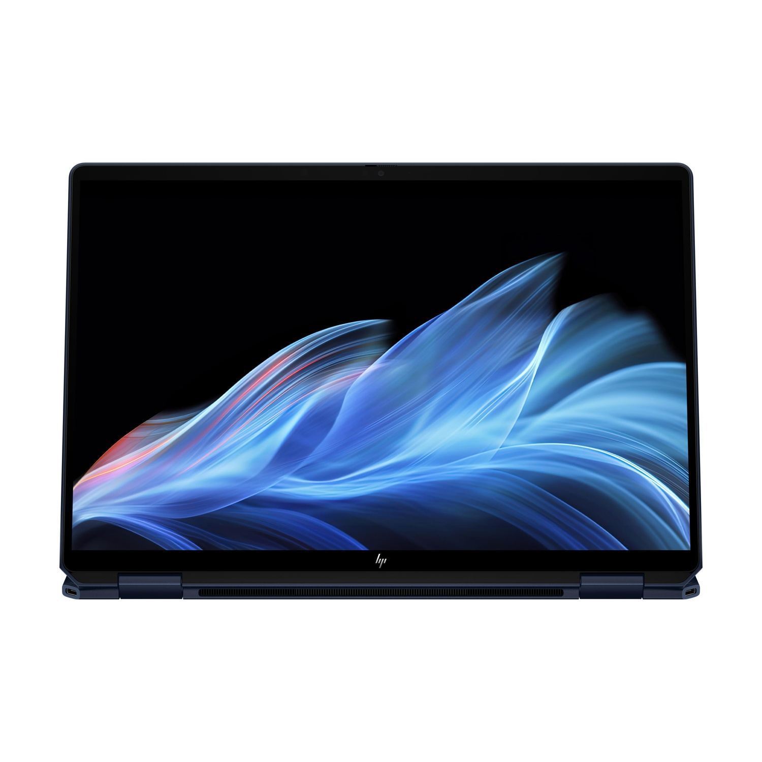 Un laptop HP blu scuro aperto che mostra uno sfondo astratto blu e arancione vibrante sullo schermo.