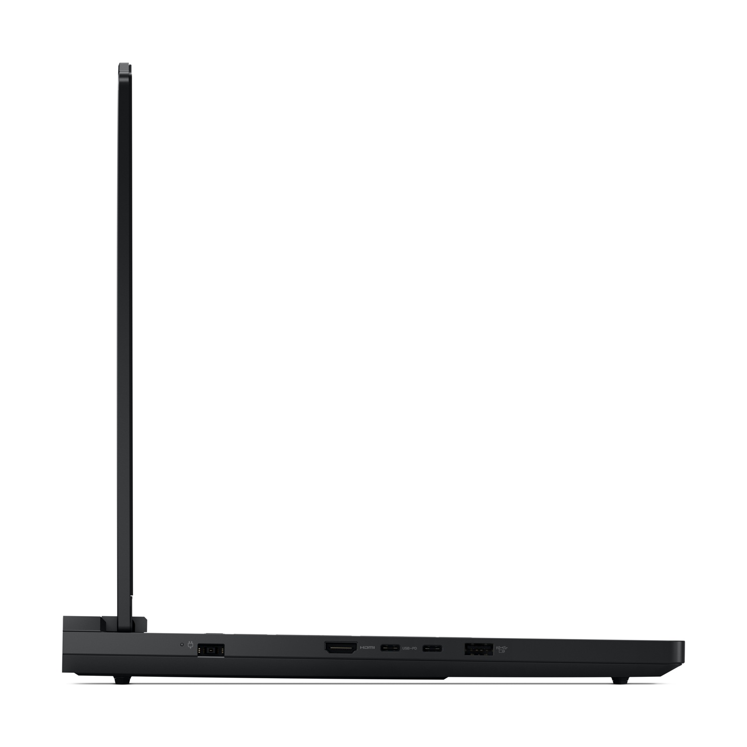 Vista laterale di un laptop nero con schermo aperto e porte visibili.