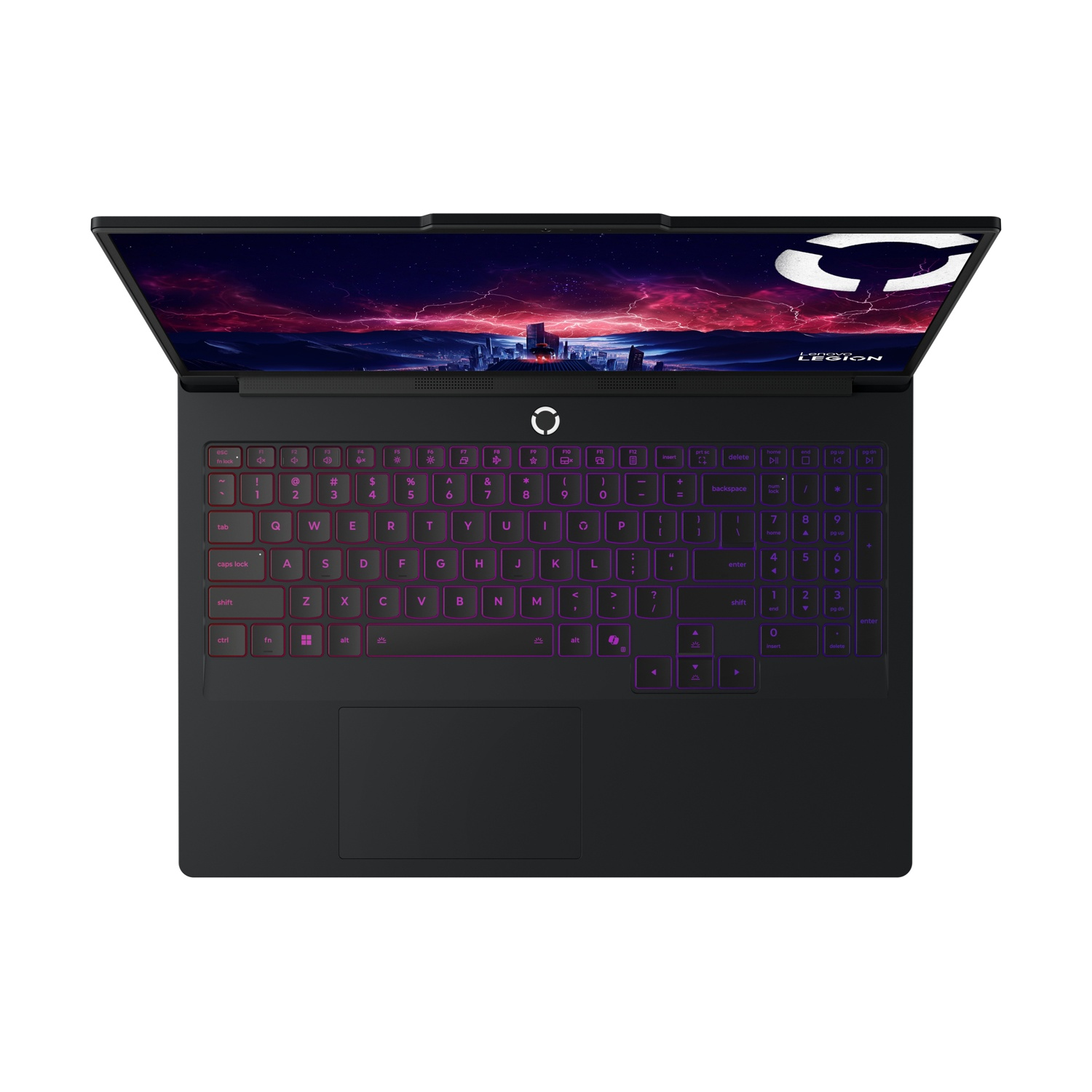 Un laptop nero aperto con tastiera retroilluminata e sfondo cosmico.