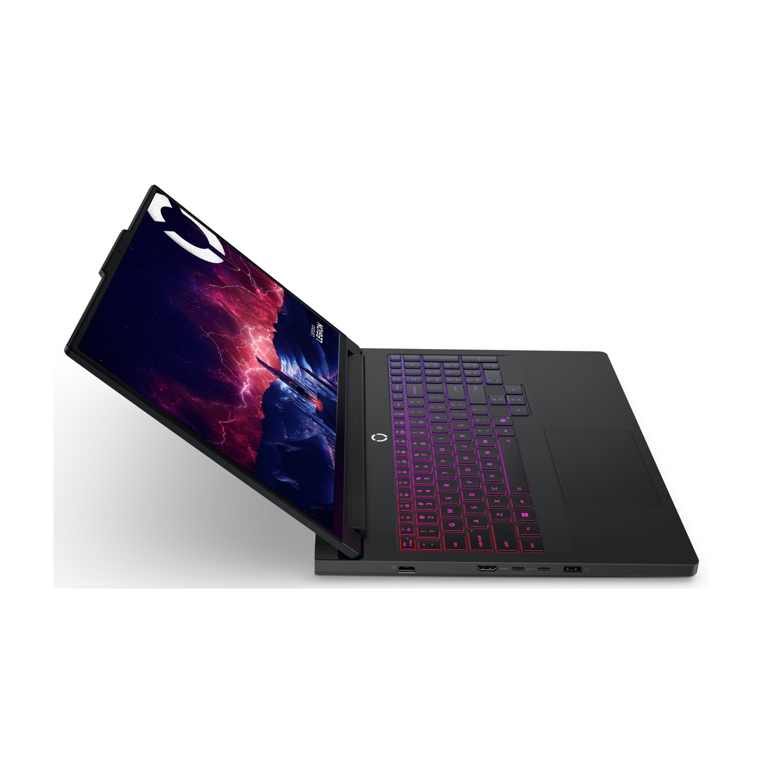 Un laptop nero con tastiera retroilluminata e sfondo cosmico.