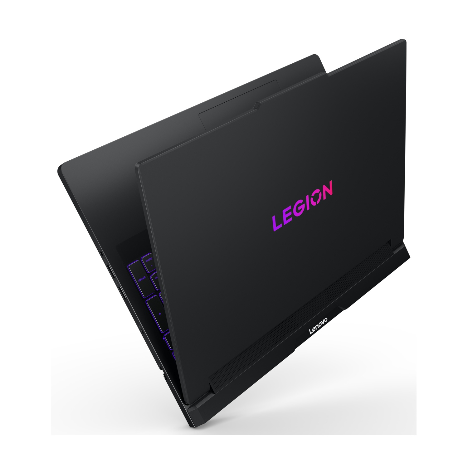 Un laptop nero con logo "LEGION" arcobaleno e tastiera illuminata.