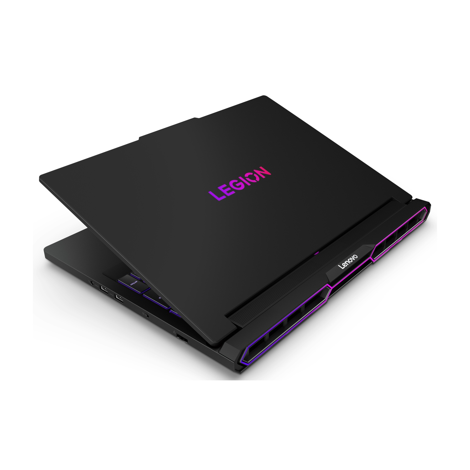 Laptop nero con logo "LEGION" viola e prese d'aria illuminate.