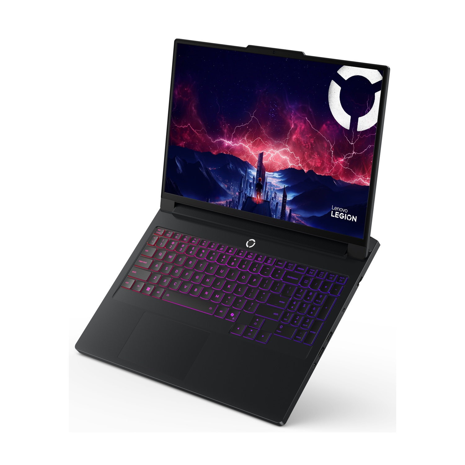 Laptop nero con tastiera illuminata e sfondo futuristico.