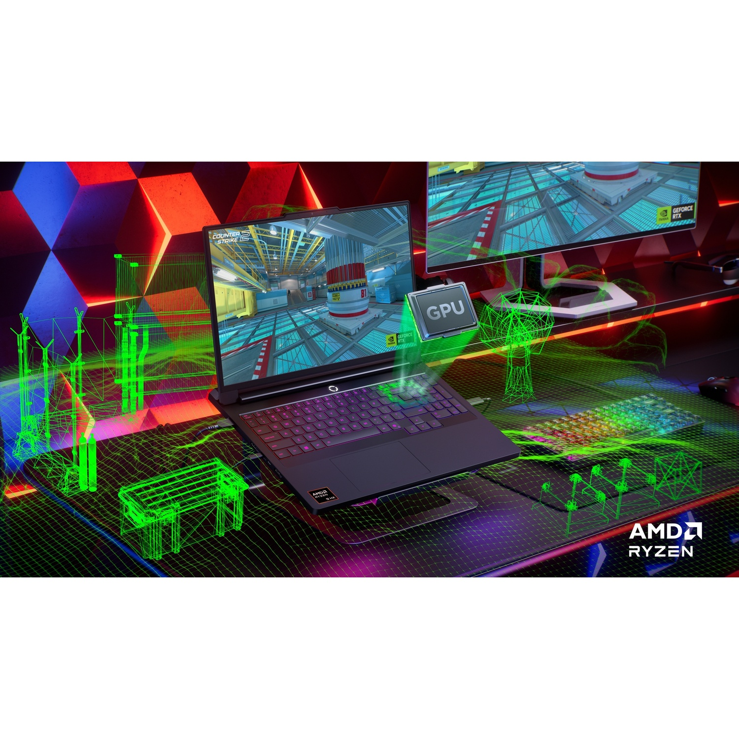 Un laptop con tastiera luminosa, due monitor e un logo AMD Ryzen.