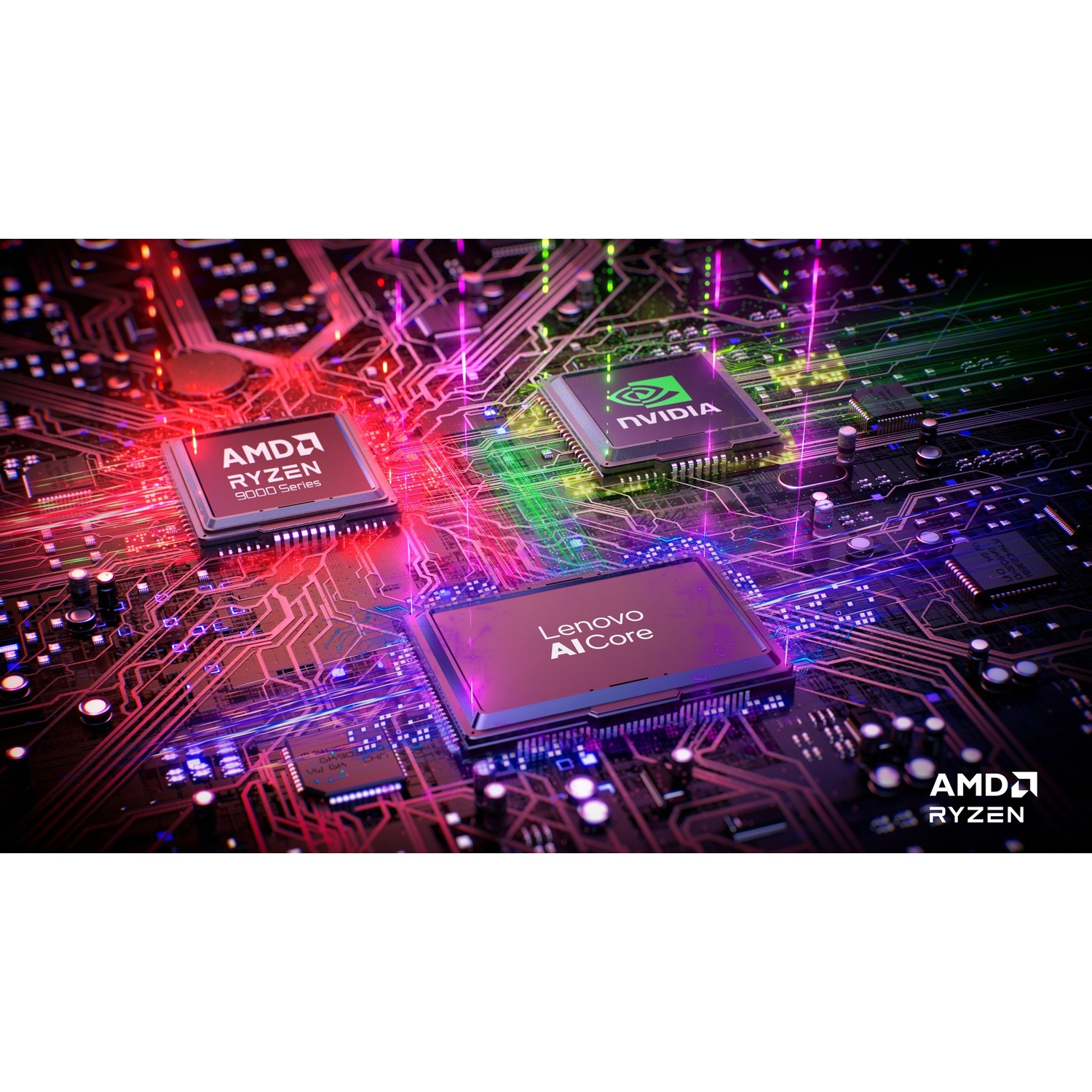 Tre processori su un circuito stampato con luci colorate