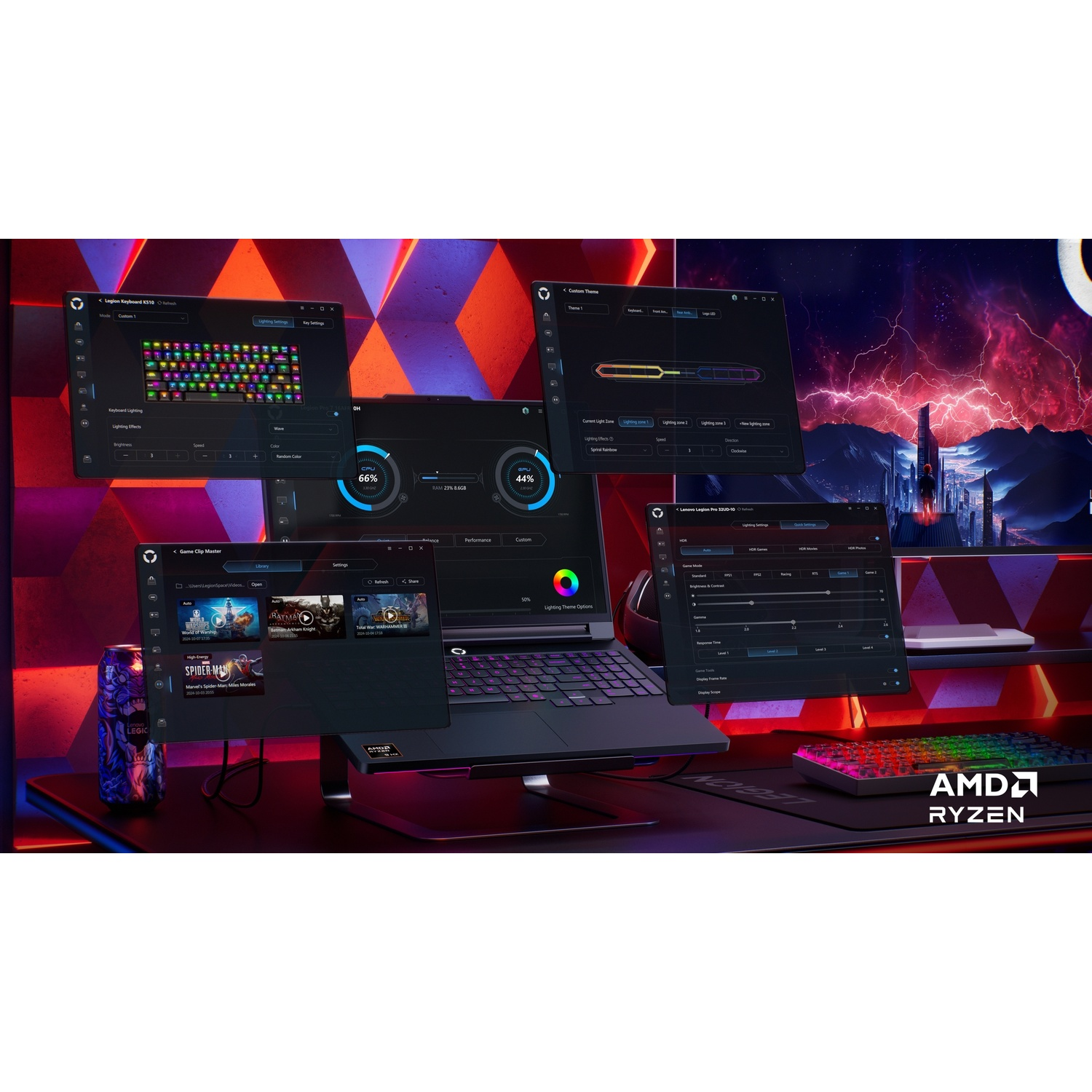 Un laptop con tastiera RGB e diverse finestre software aperte su uno sfondo astratto.