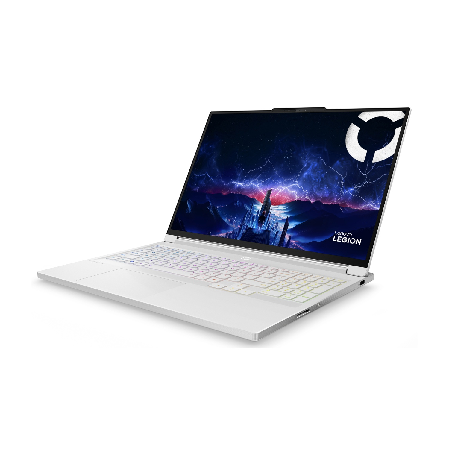 Un laptop bianco con tastiera retroilluminata e sfondo tempestoso.