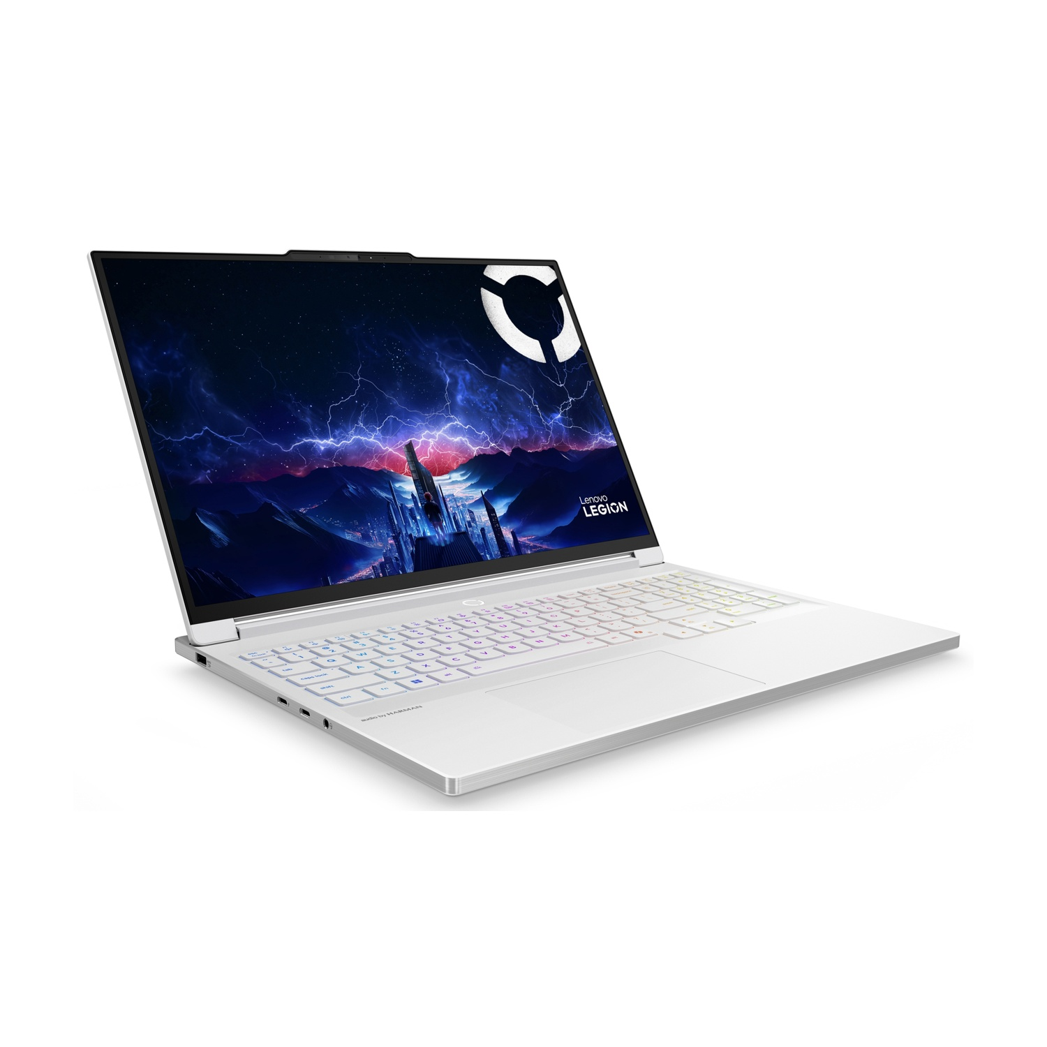 Un laptop bianco Lenovo Legion con tastiera retroilluminata e sfondo futuristico.