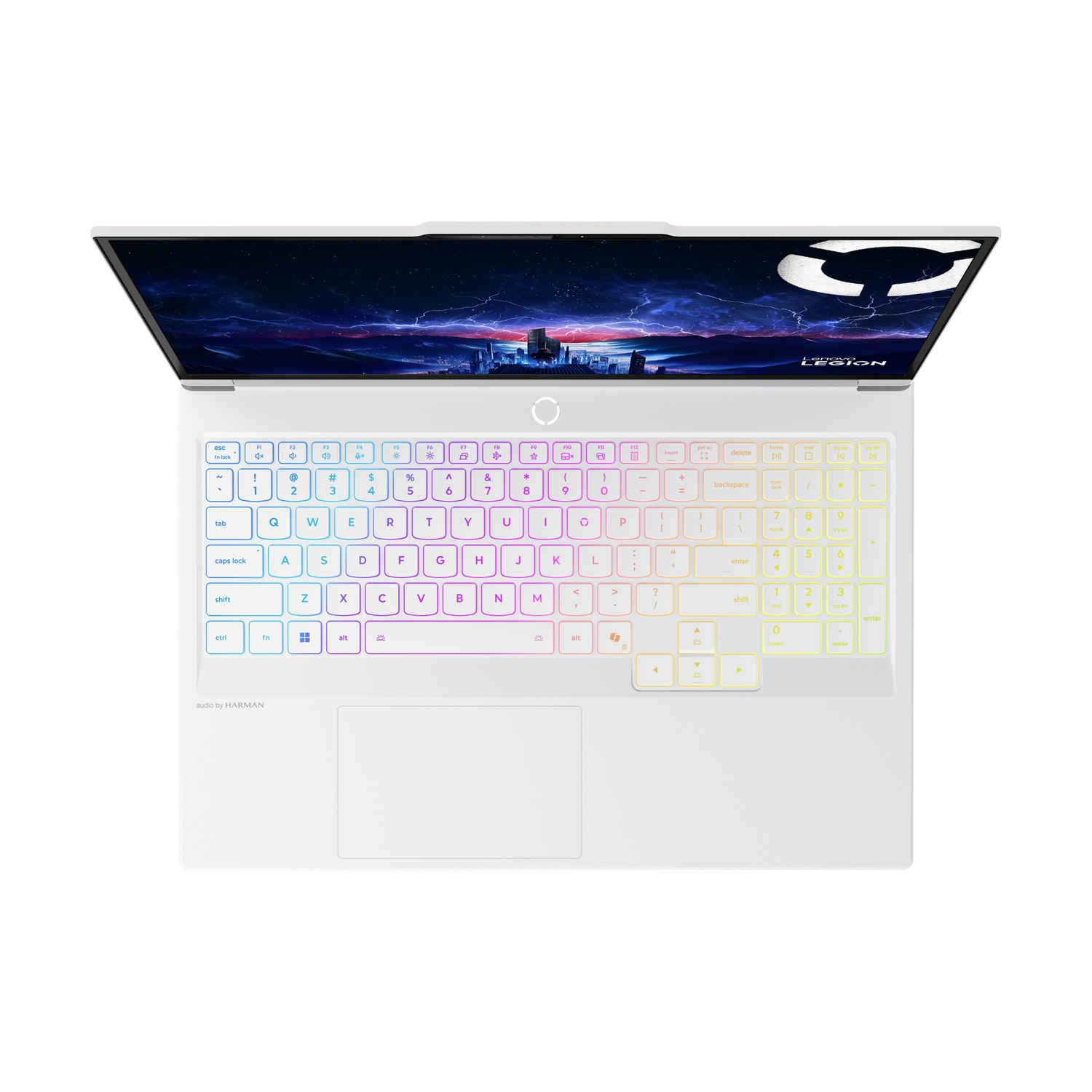 Un laptop bianco con lo schermo aperto, che mostra un paesaggio urbano futuristico.