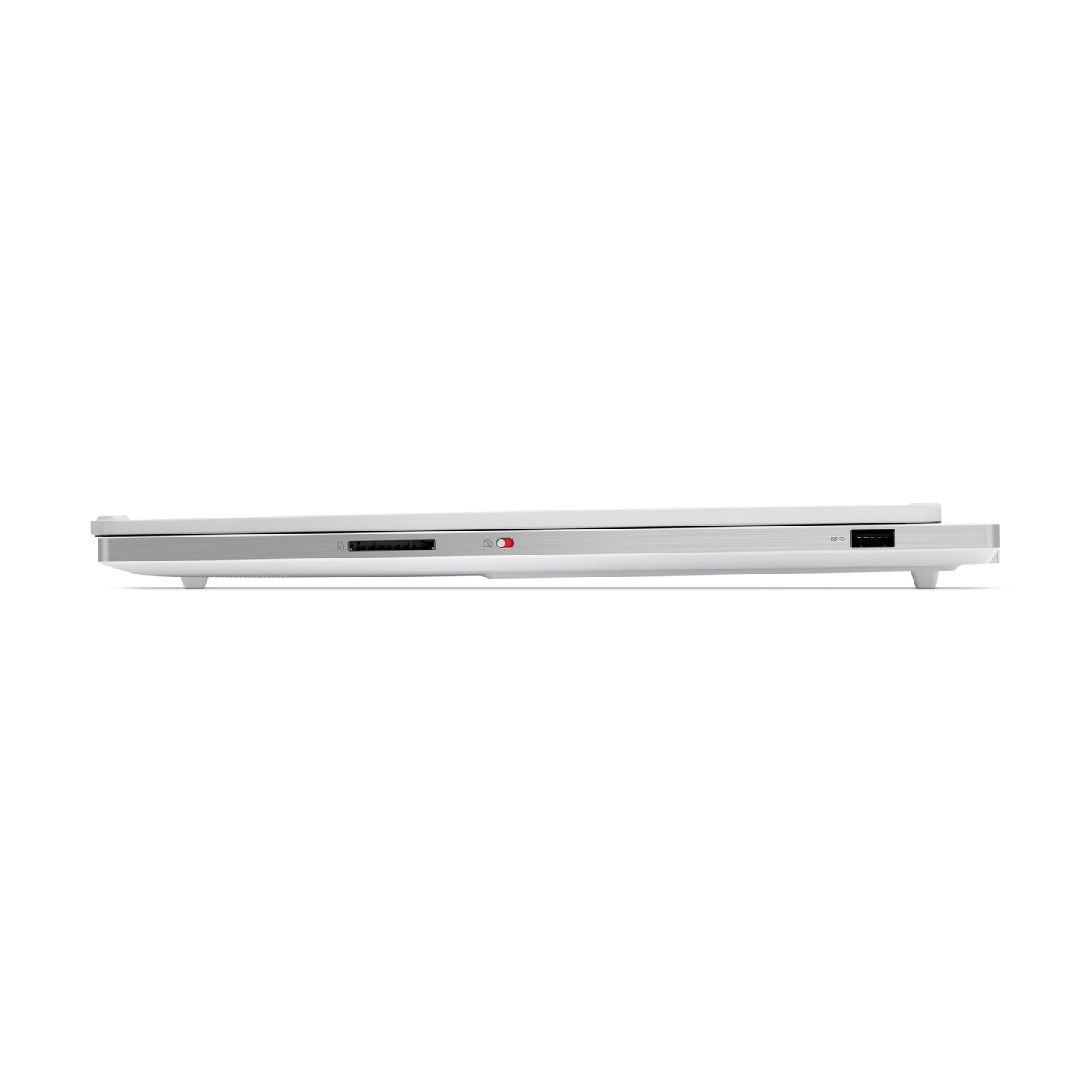 Vista laterale di un laptop bianco con porte: lettore di schede SD, USB e interruttore.