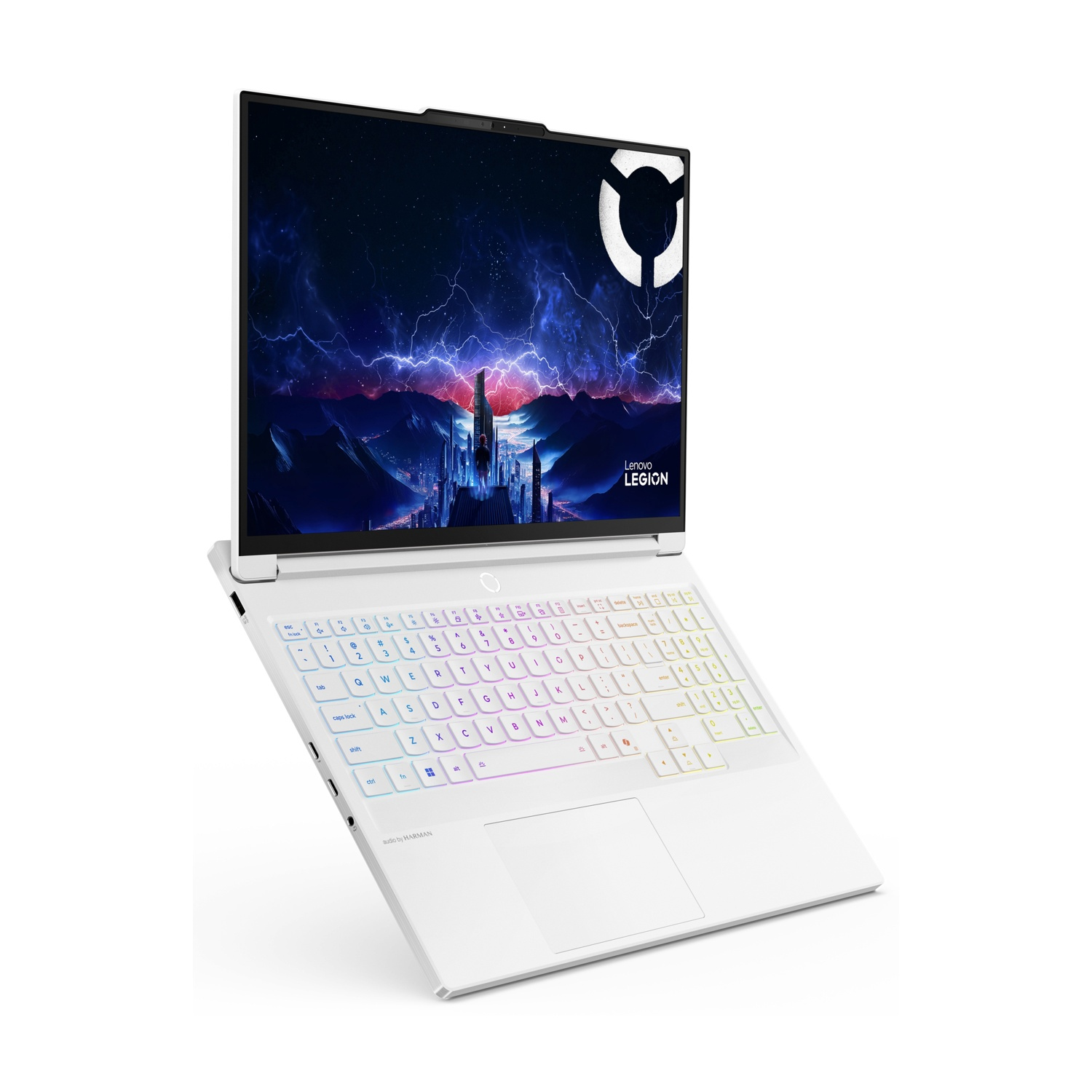 Un laptop bianco con tastiera retroilluminata e uno sfondo spettacolare.