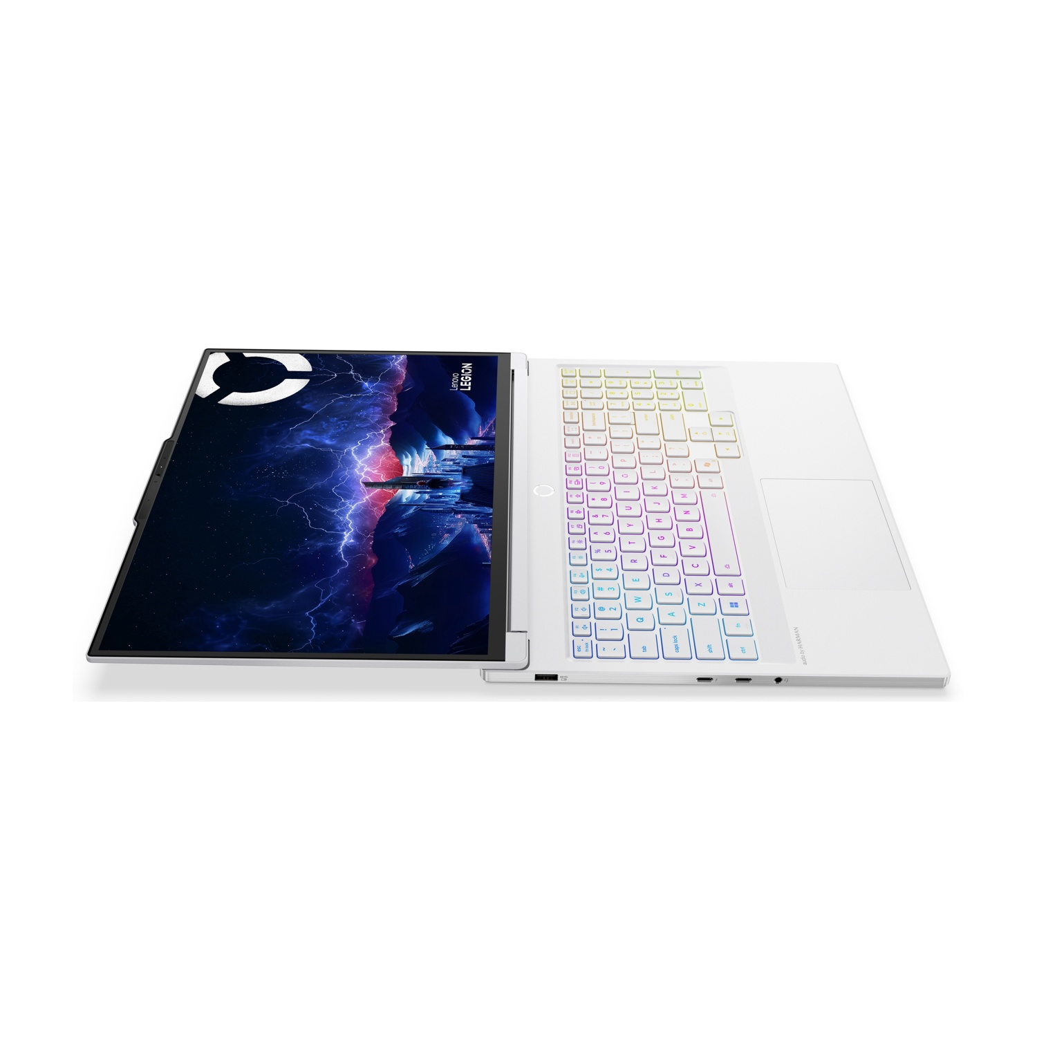 Un laptop bianco con tastiera retroilluminata e schermo a tema temporale.