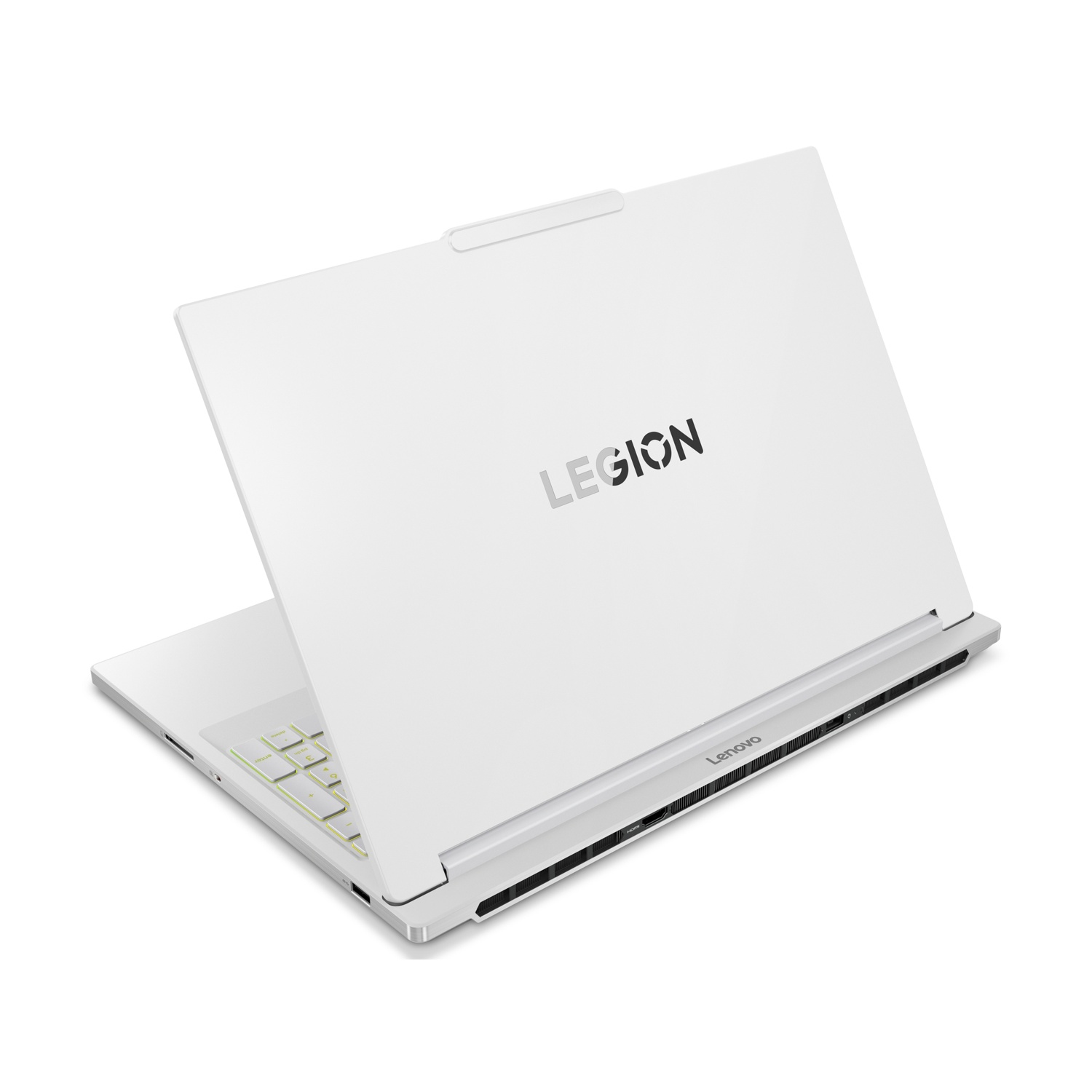 Laptop bianco Lenovo Legion, aperto, mostra tastiera retroilluminata e prese d'aria. Logo sul coperchio.