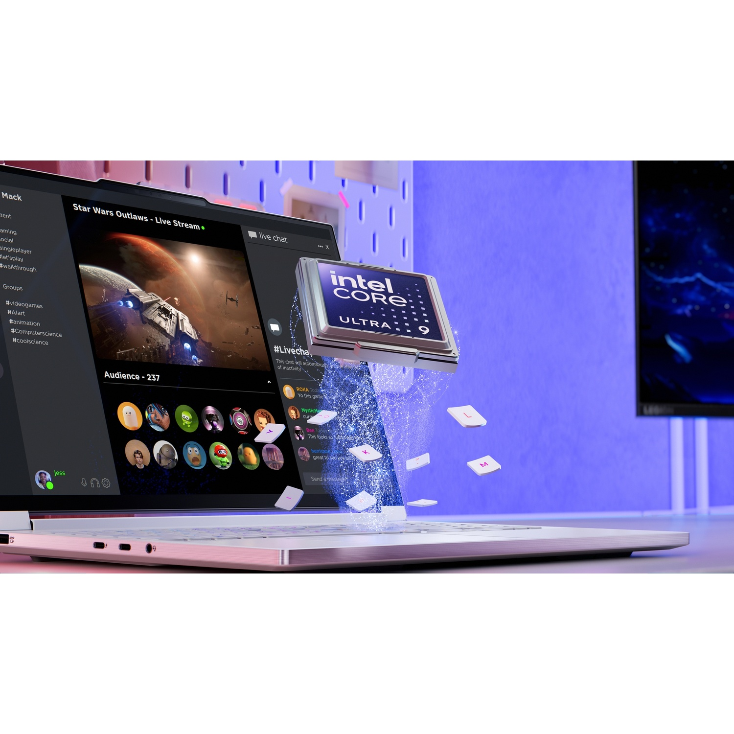 Un processore Intel Core Ultra 9 fluttua sopra un laptop che mostra uno streaming live di Star Wars.