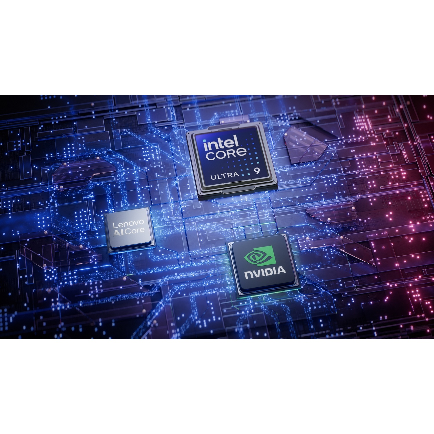 Tre chip di computer su un circuito stampato luminoso: Intel Core Ultra 9, Lenovo AI Core, Nvidia.