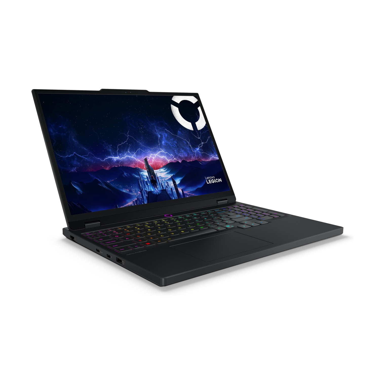 Laptop nero con tastiera illuminata e sfondo futuristico.