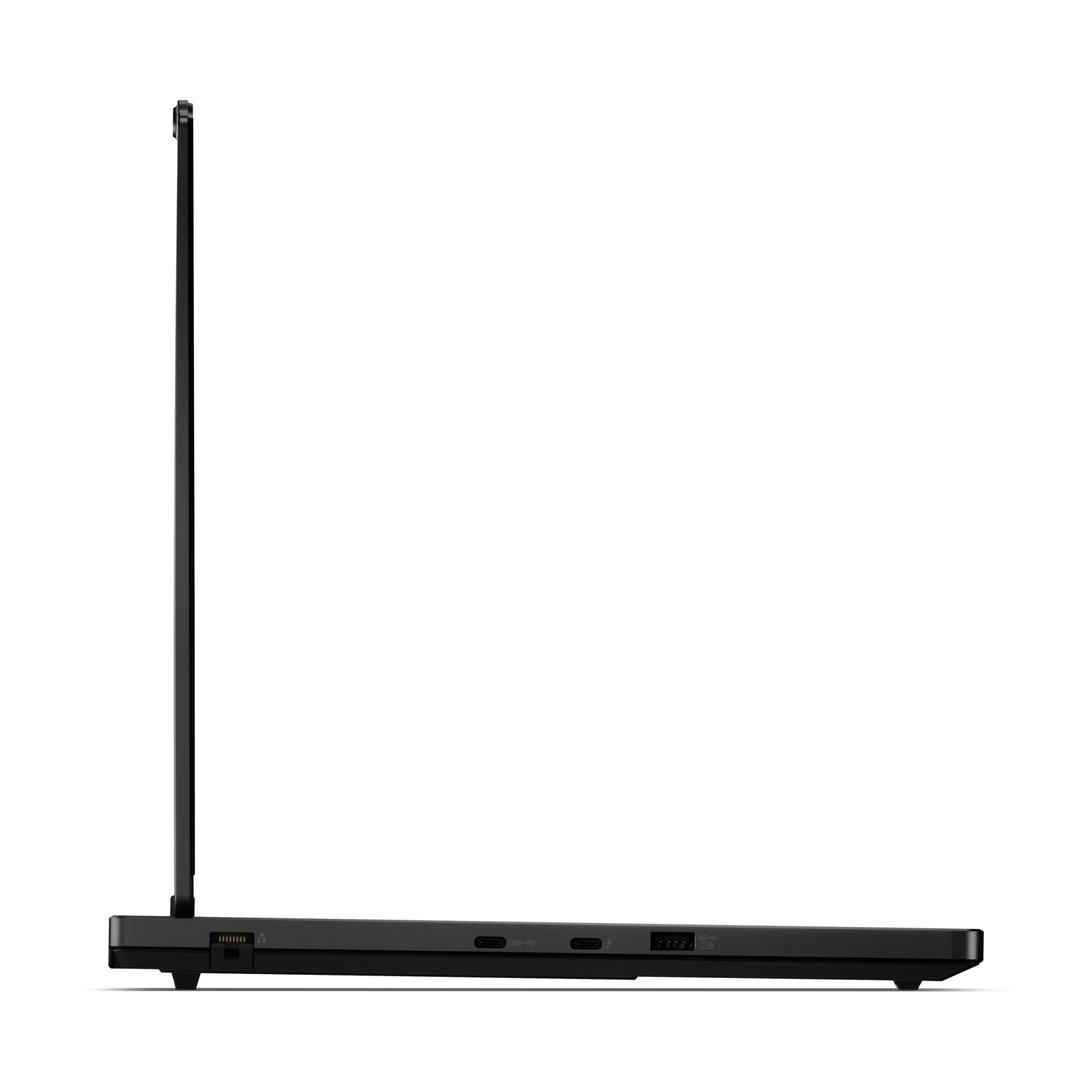 Un laptop nero visto di lato, con porte visibili sulla destra.