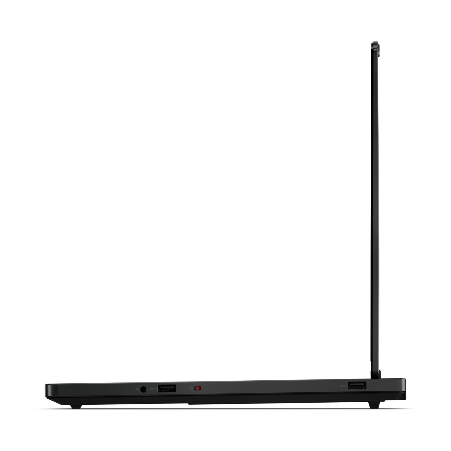 Vista laterale di un laptop nero con schermo aperto, che mostra le porte.