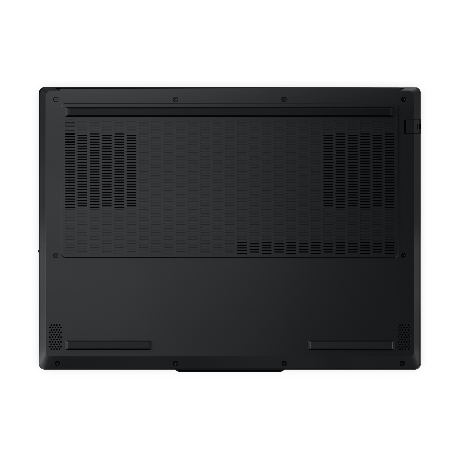 Parte inferiore di un laptop nero con prese d'aria e viti.