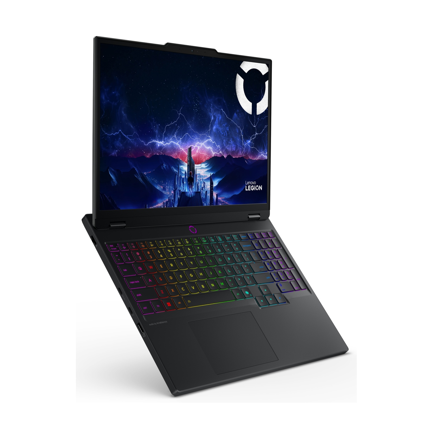Un laptop Lenovo Legion nero con tastiera colorata e sfondo di città futuristica.
