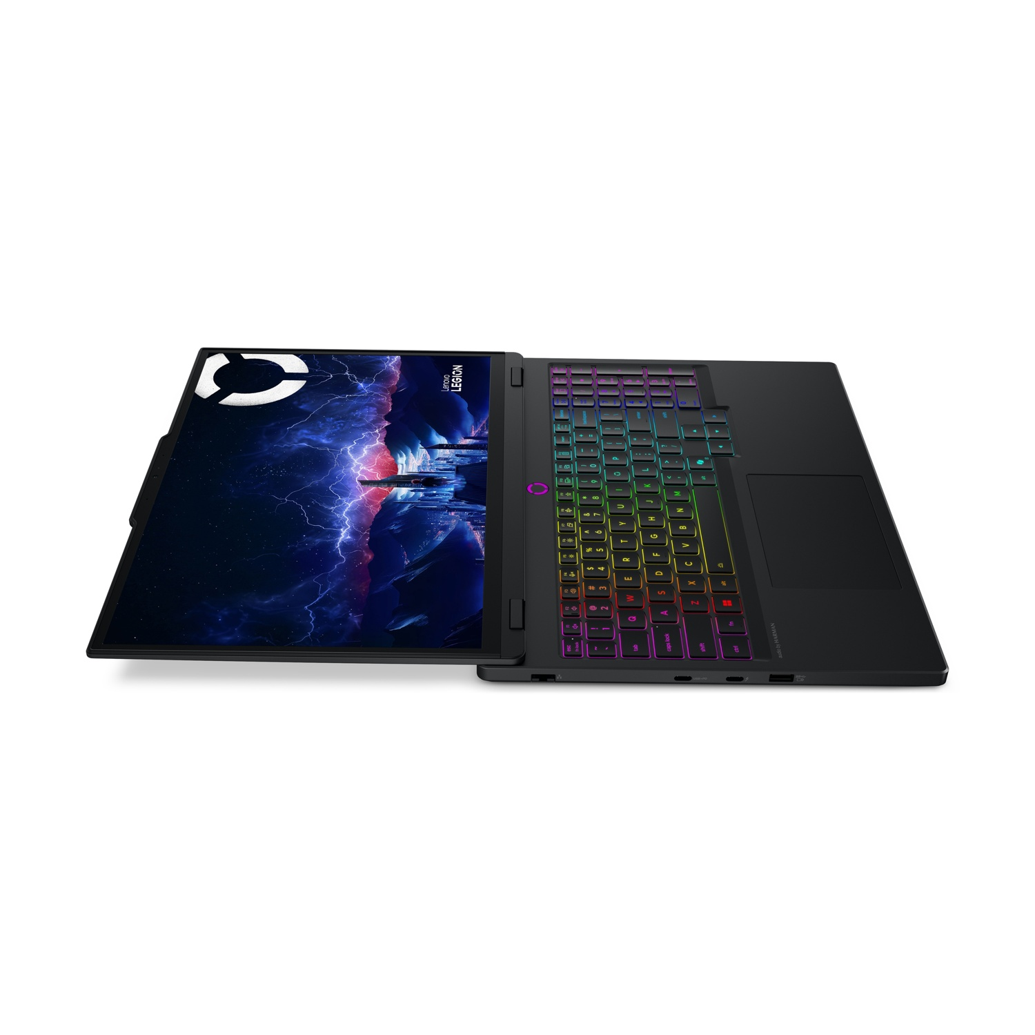 Laptop nero con tastiera illuminata colorata e sfondo dinamico.