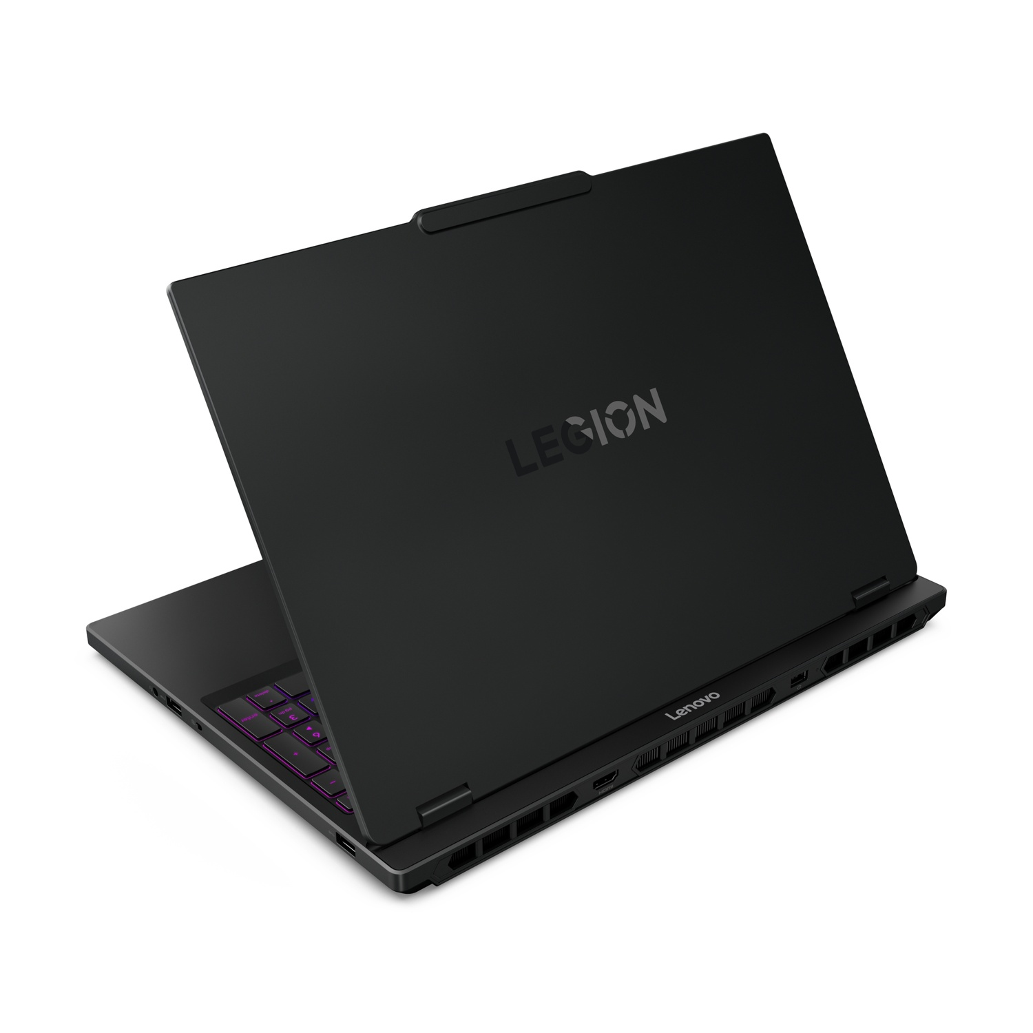 Laptop nero con logo "LEGION" sul coperchio e tastiera illuminata.