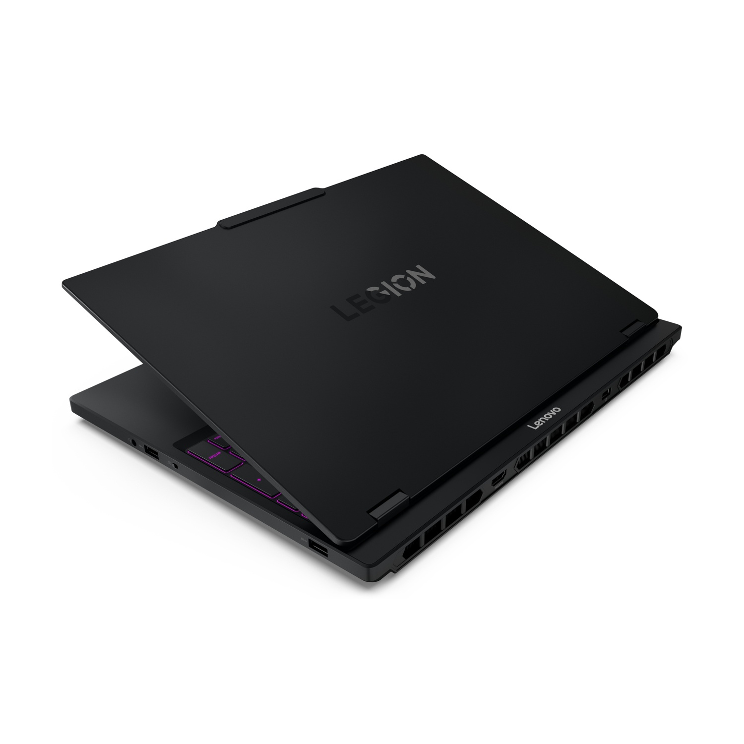 Laptop Lenovo Legion nero, parzialmente aperto, tastiera illuminata visibile.