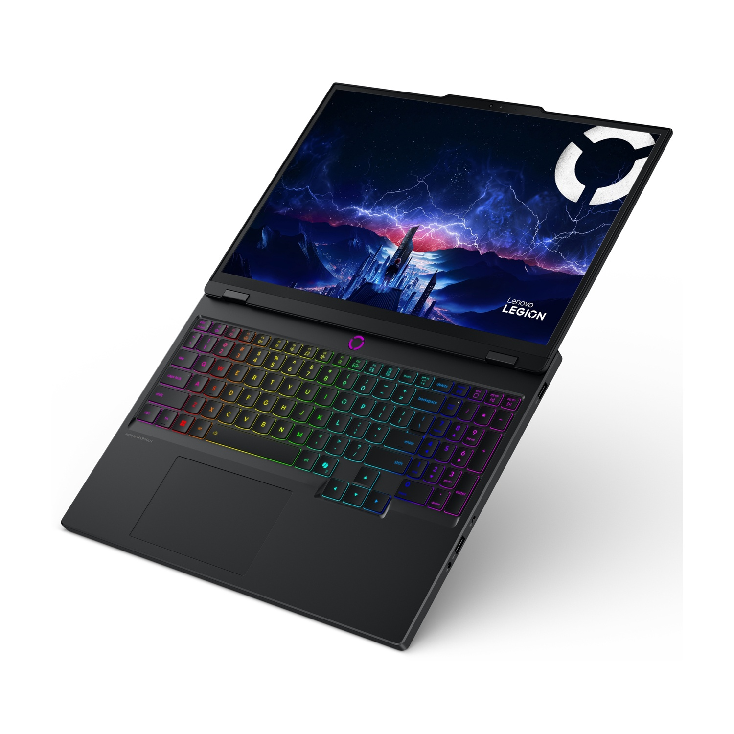 Un laptop Lenovo Legion nero con tastiera retroilluminata e display futuristico.
