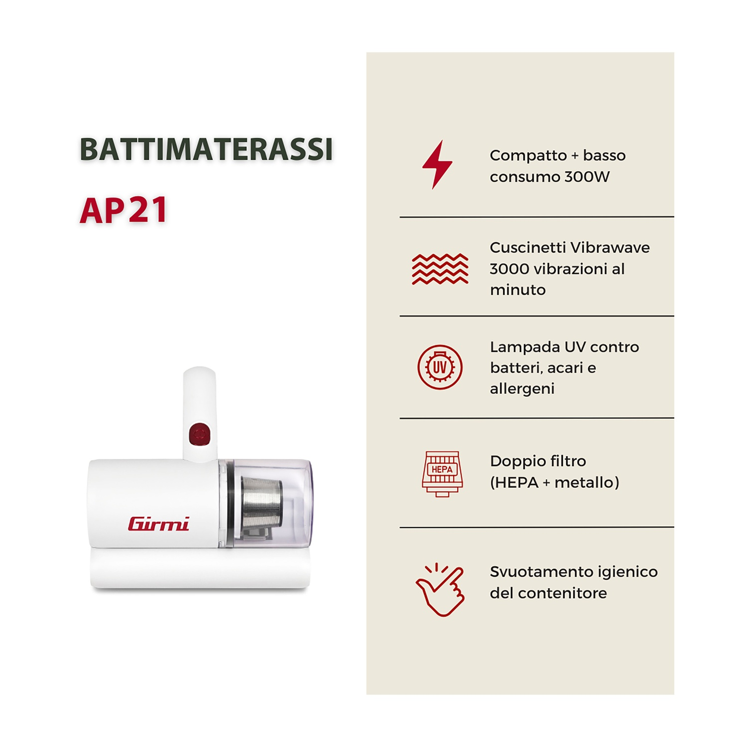 Un battimaterassi bianco Girmi AP21 con dettagli tecnici.