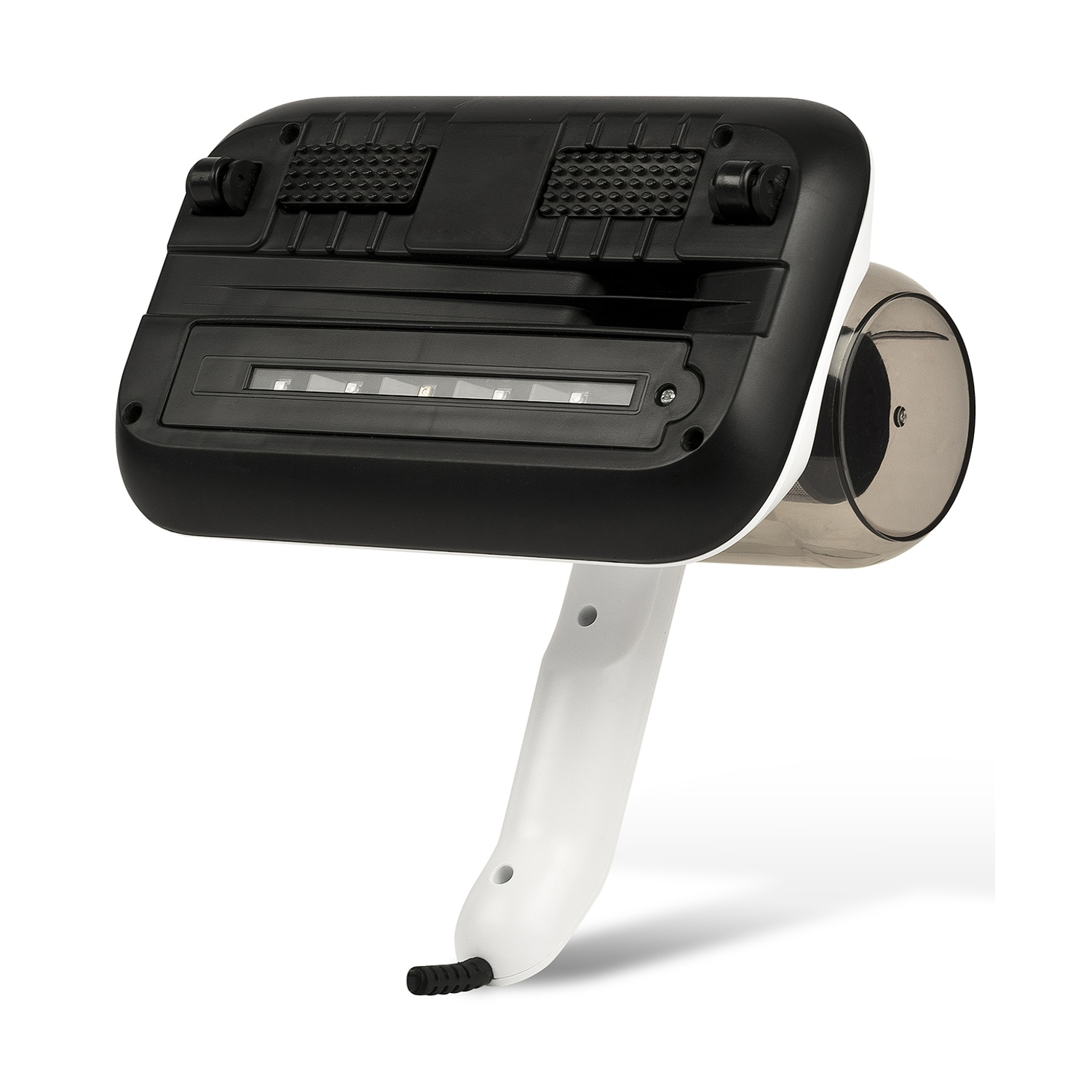 Un aspirapolvere portatile bianco e nero con luce UV e un contenitore trasparente.