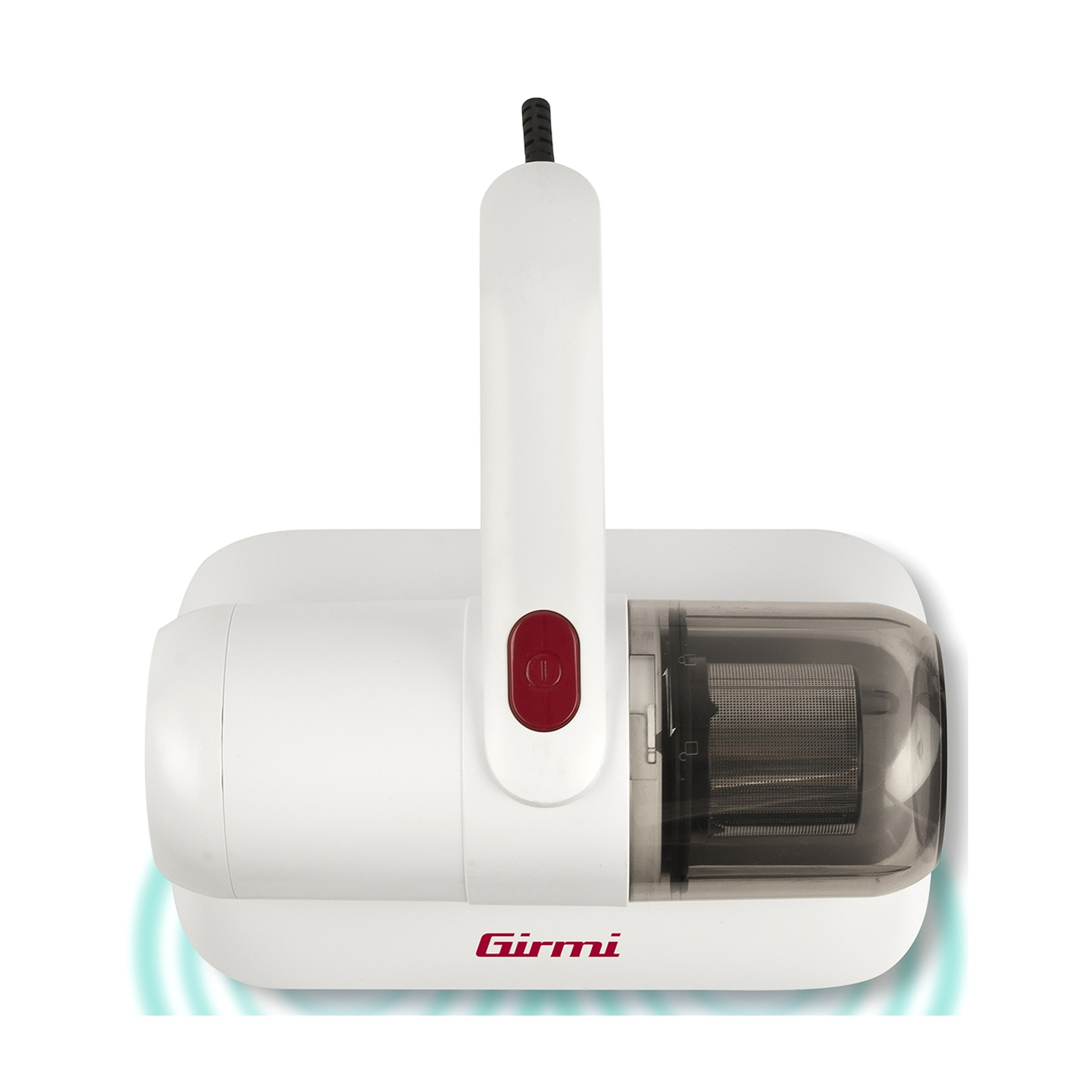 Un aspirapolvere portatile bianco con pulsante rosso e contenitore trasparente.