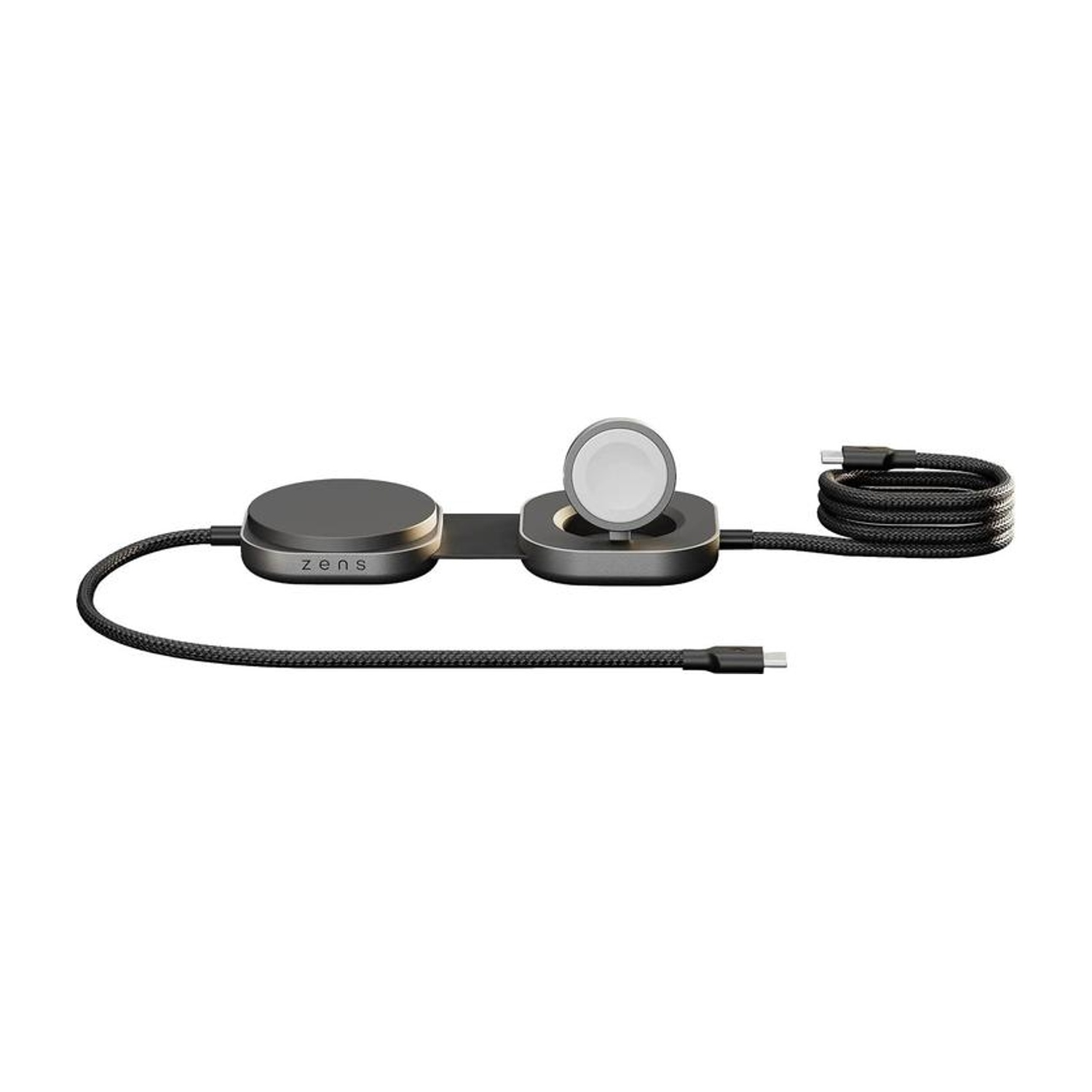 Supporto di ricarica grigio con dock circolare e cavo USB-C.