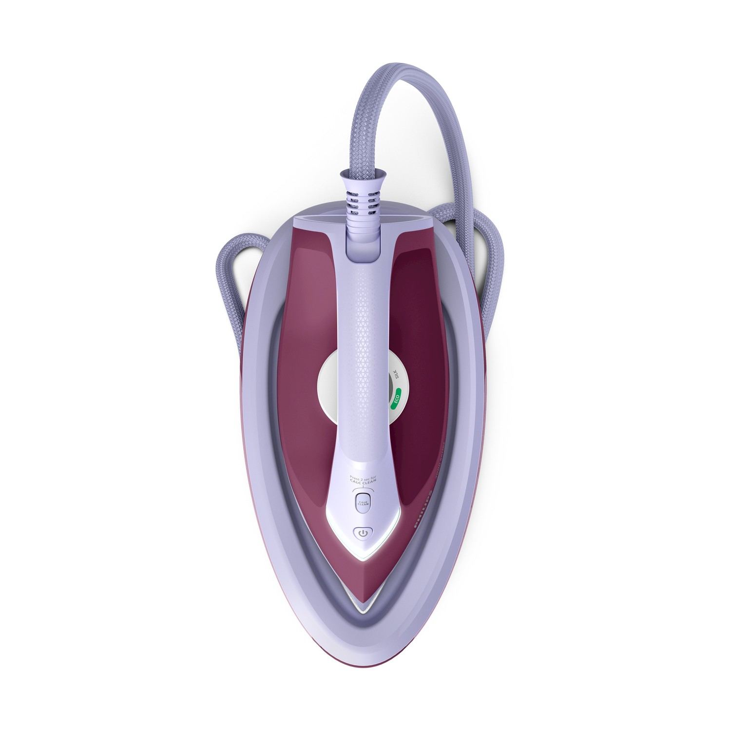 Un ferro da stiro a vapore color burgundy con tubo grigio su sfondo bianco.
