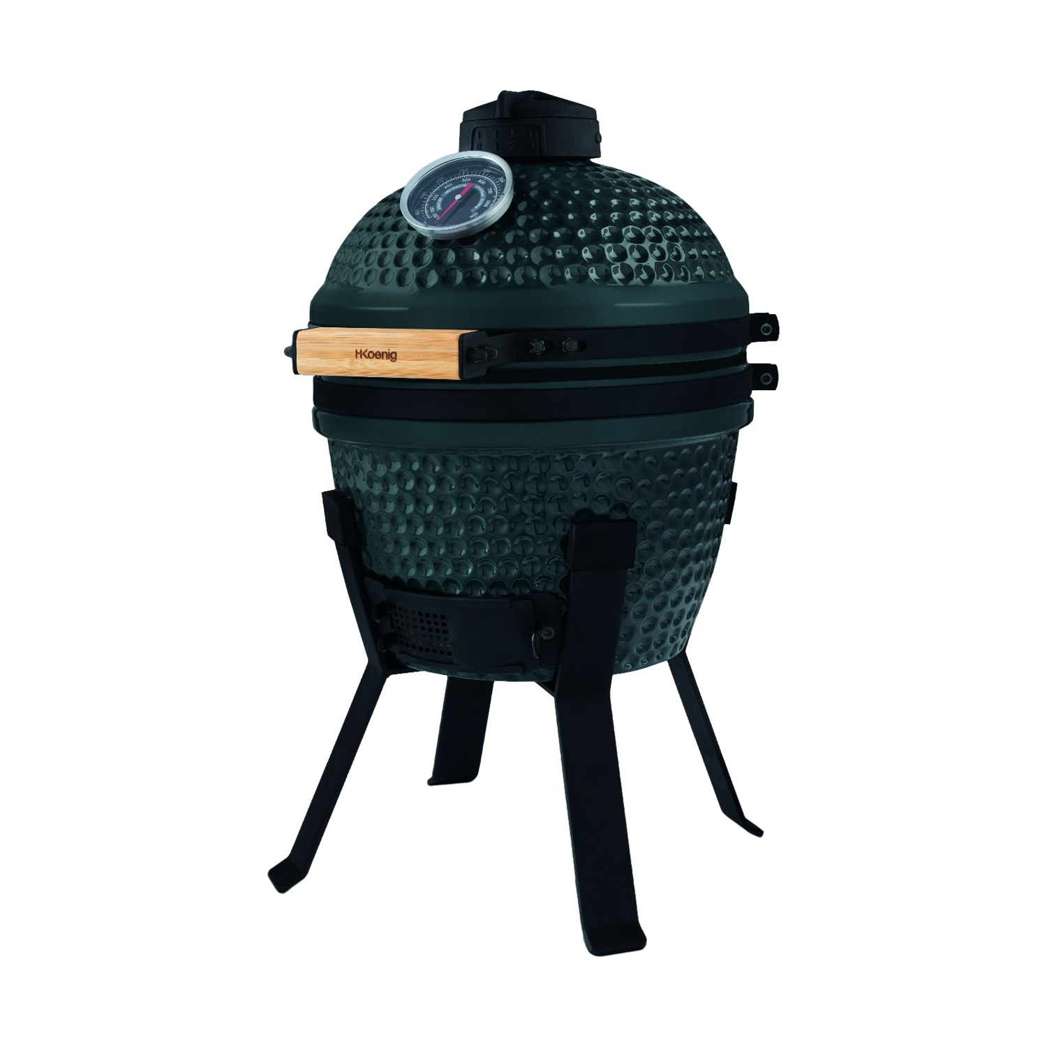 Una griglia in ceramica verde scuro con termometro e manico in legno.