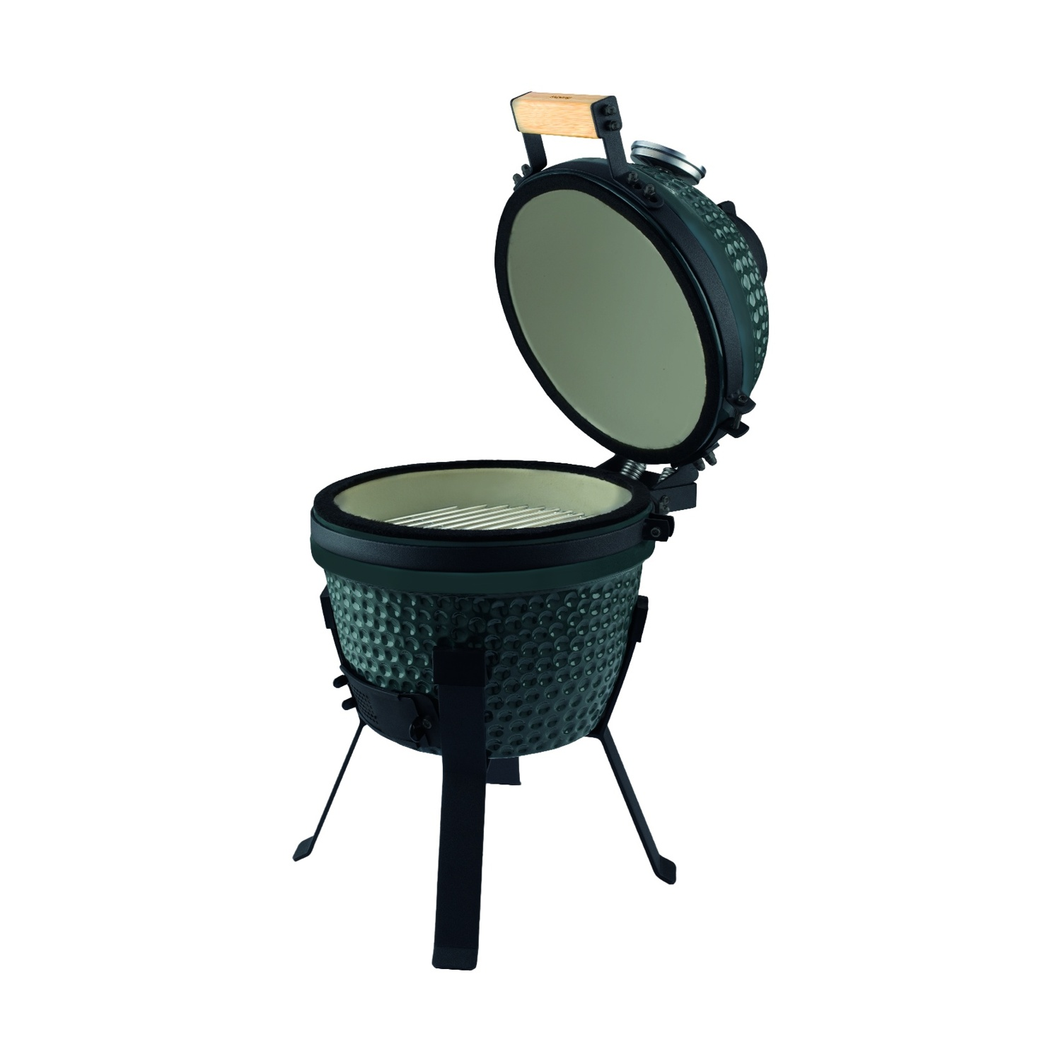 Una griglia in ceramica verde scuro con coperchio aperto, che mostra una griglia all'interno, su gambe nere.