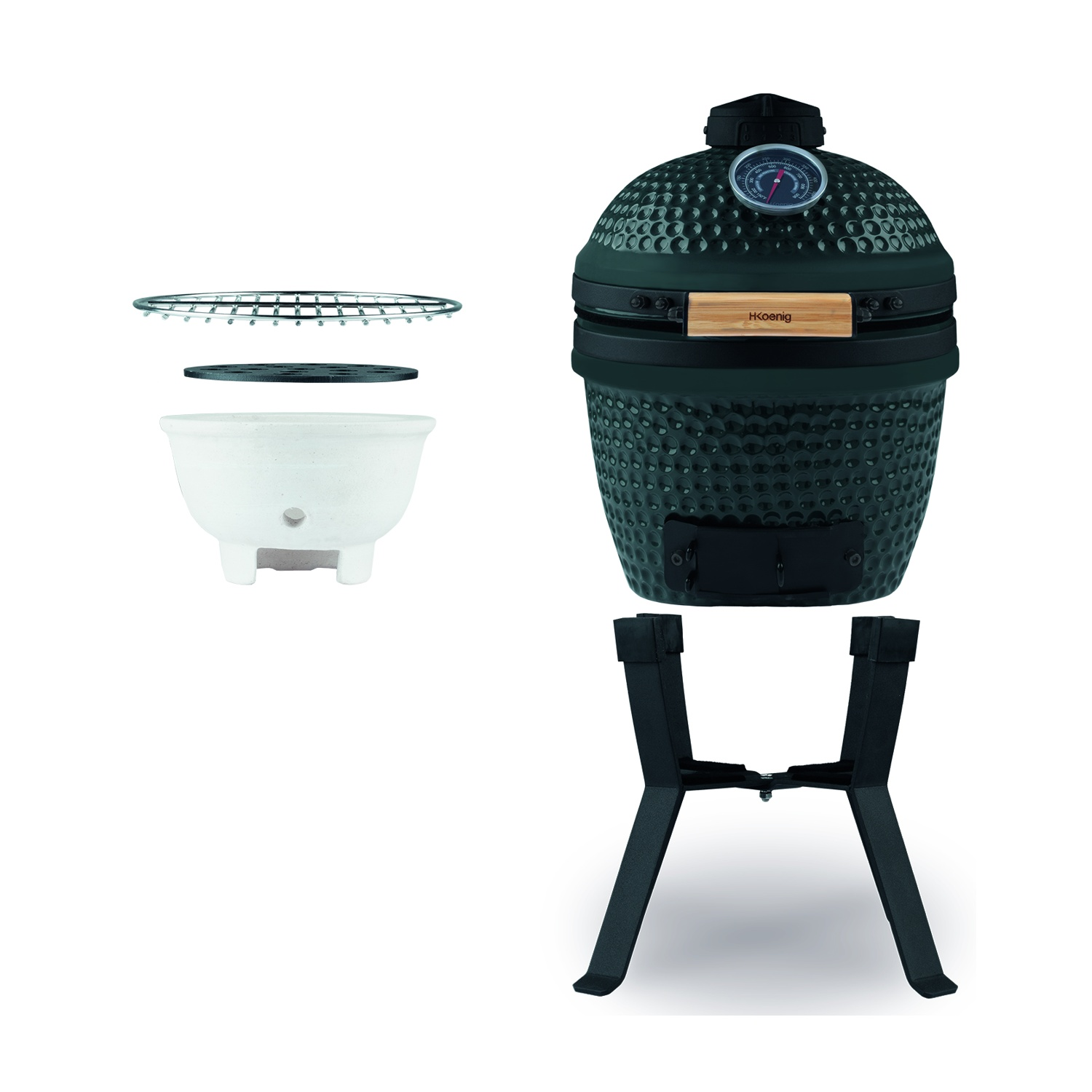 Una griglia in ceramica verde con termometro sul coperchio e supporto.