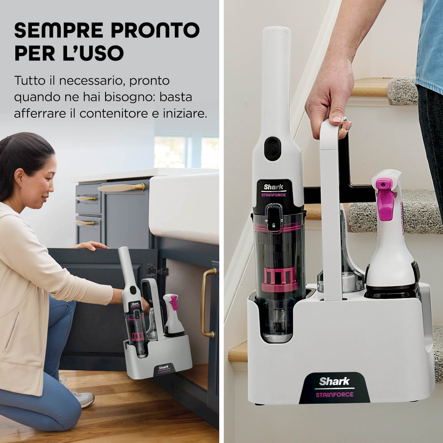Un uomo solleva un dispositivo Shark Stainforce dalla sua base di ricarica sulle scale.