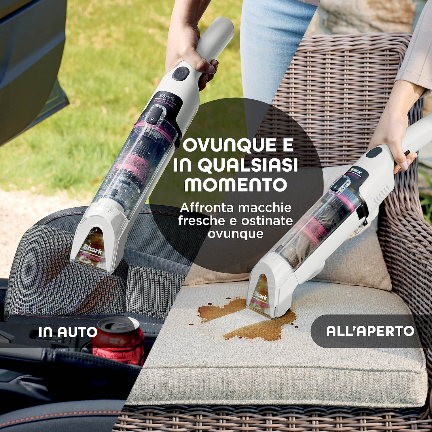 Un pulitore per macchie Shark usato in auto e all'aperto su un cuscino.