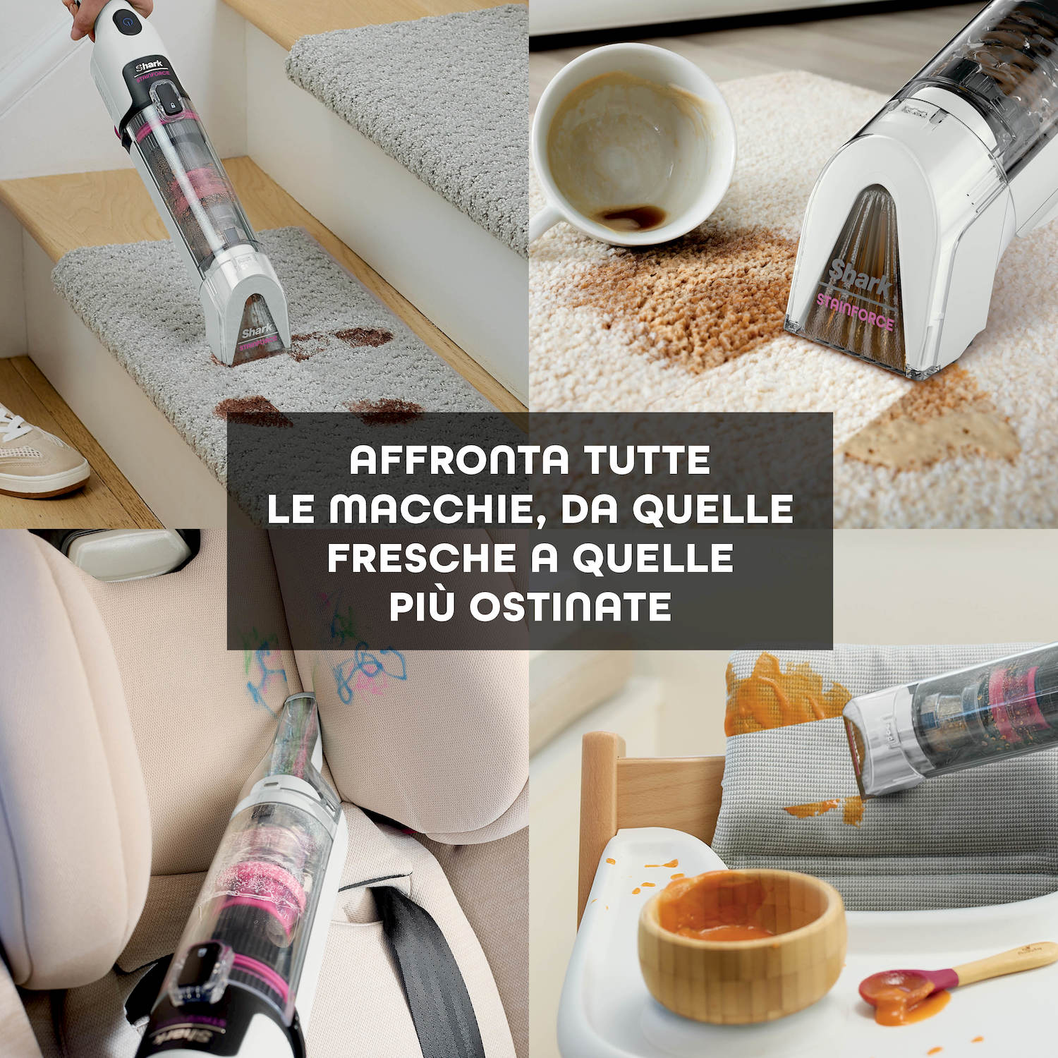 Un aspirapolvere portatile pulisce macchie su scale, tappeti, seggiolini auto e seggioloni.