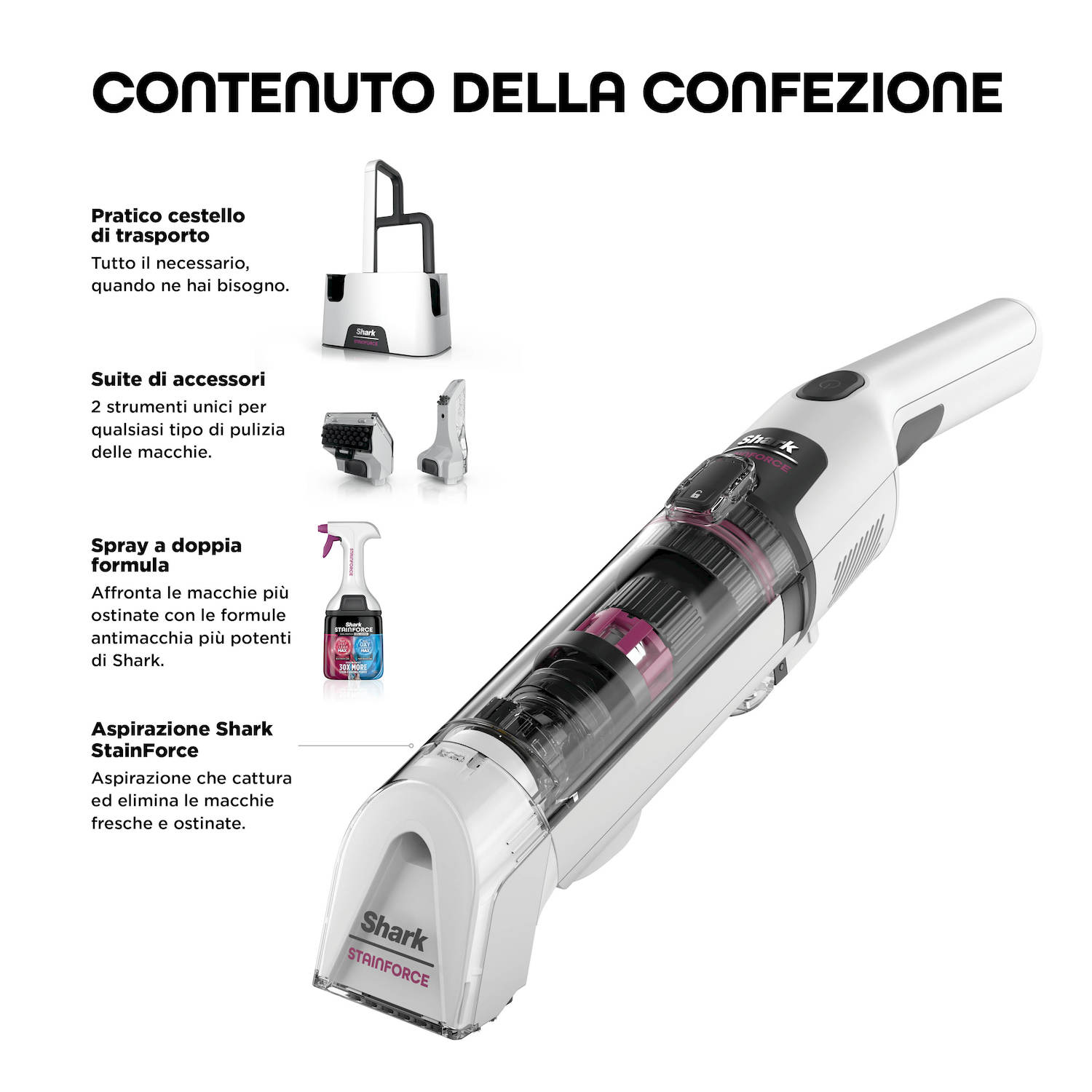 Kit Shark StainForce con accessori: aspirapolvere portatile, cesto, strumenti e flaconi spray.
