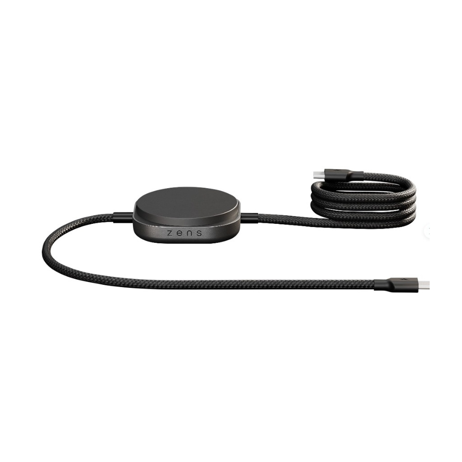 Un caricabatterie ZENS nero con connettore USB-C su sfondo bianco.