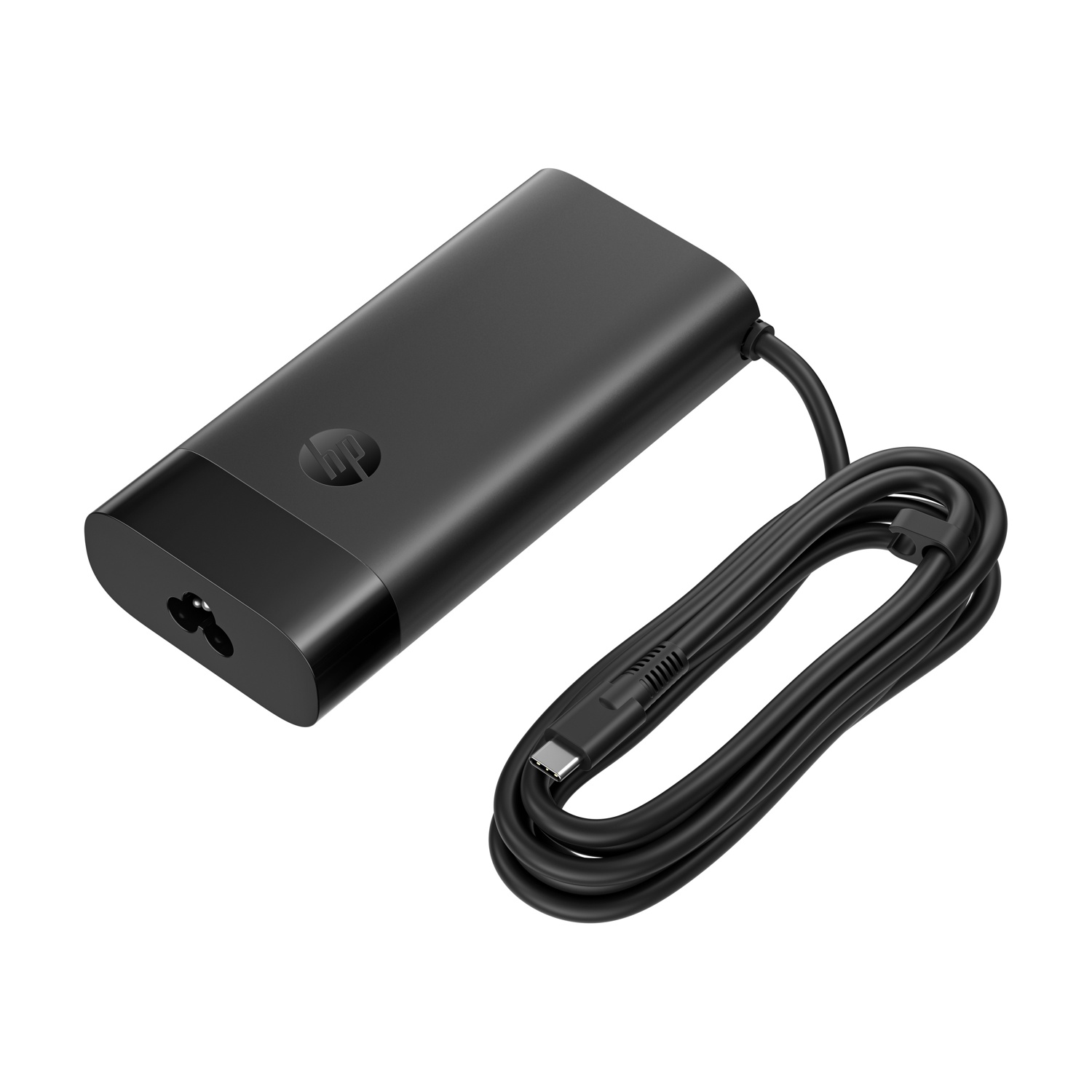Caricabatterie nero per laptop HP con cavo USB-C e logo HP.