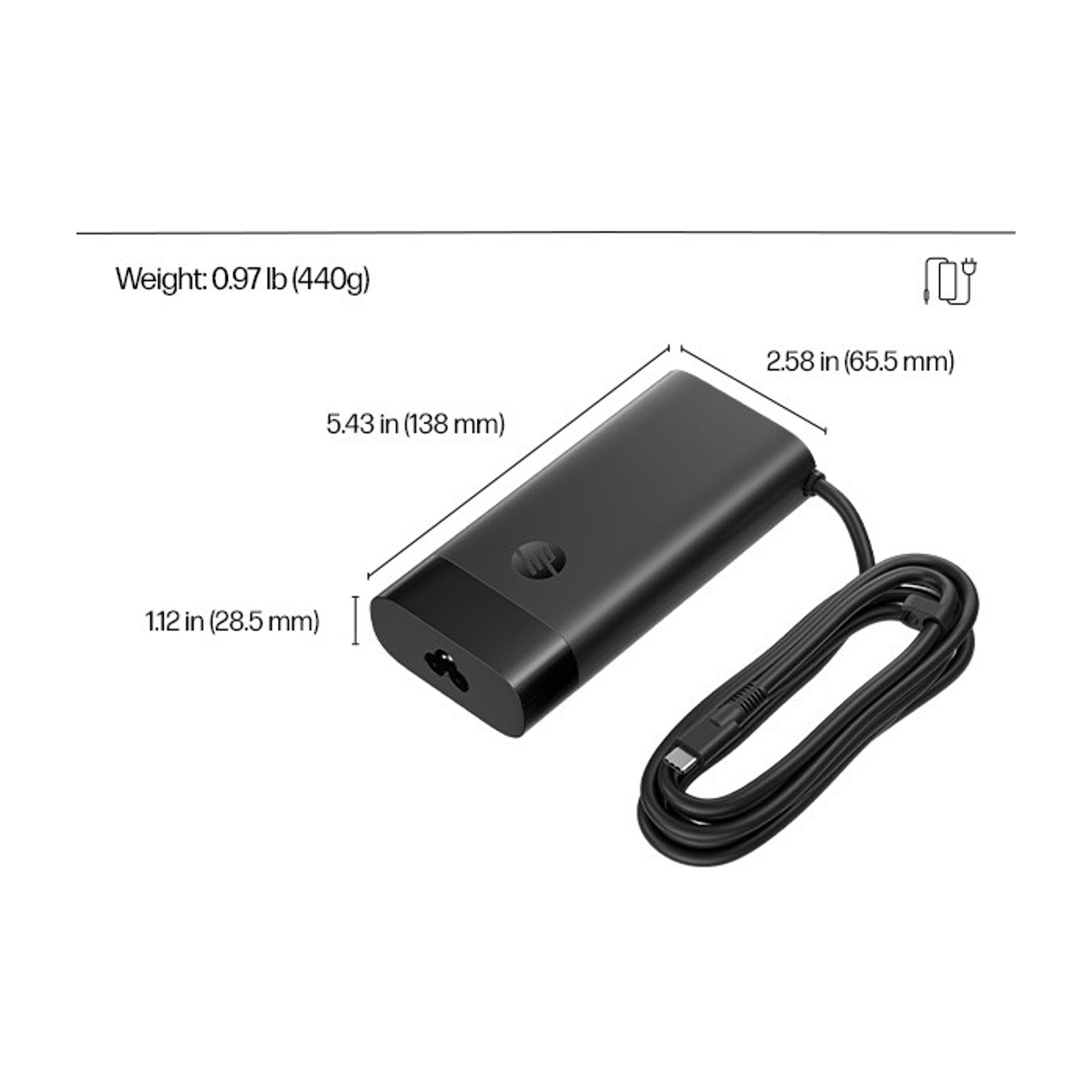 Alimentatore nero con cavo. Dimensioni 5.43x2.58x1.12 pollici. Peso 0.97 libbre.